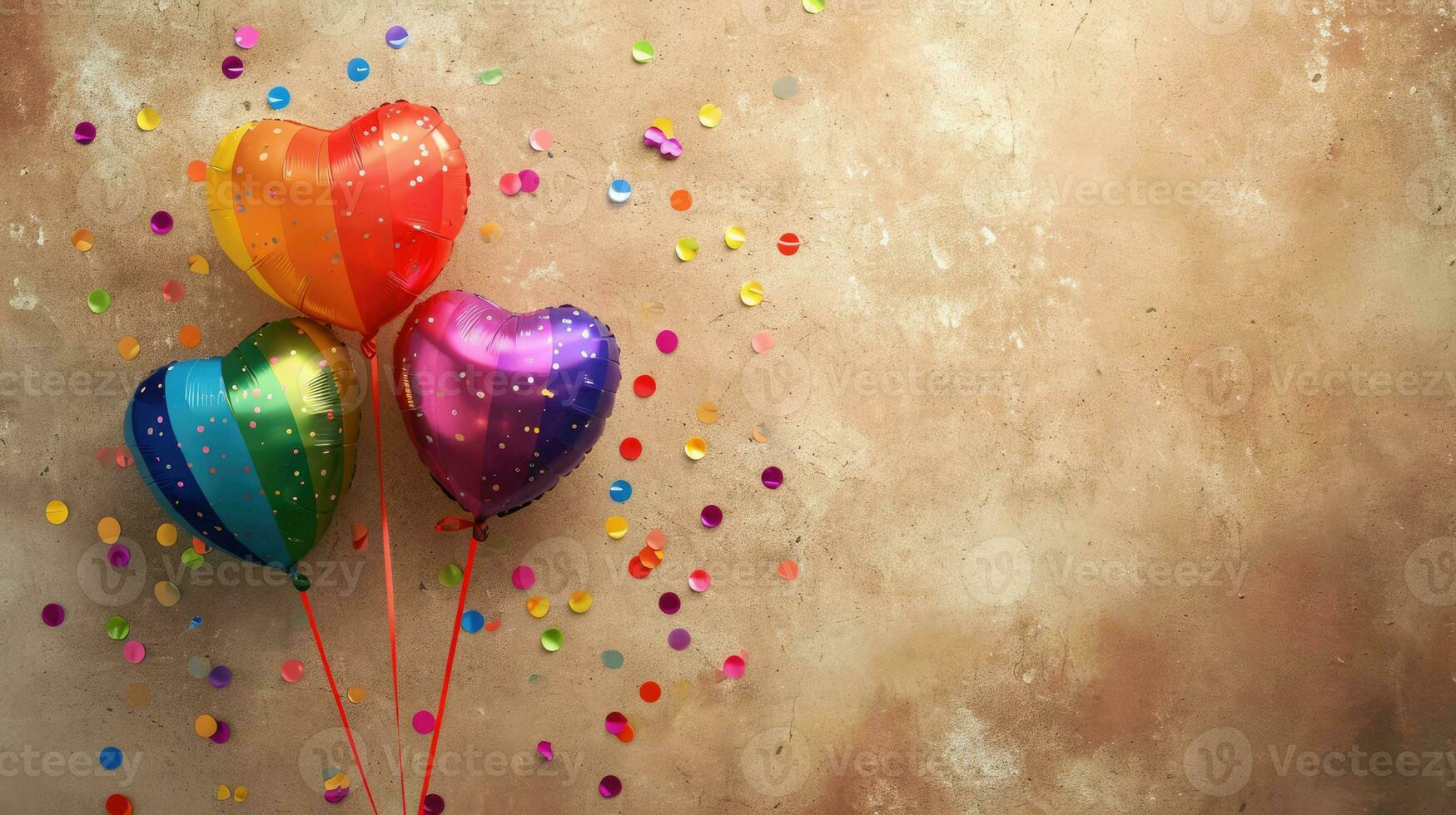 AI generated Generative AI, Foil LGBT rainbow flag colors balloons in heart shape and confetti for Valentine's day or wedding with copy space photo