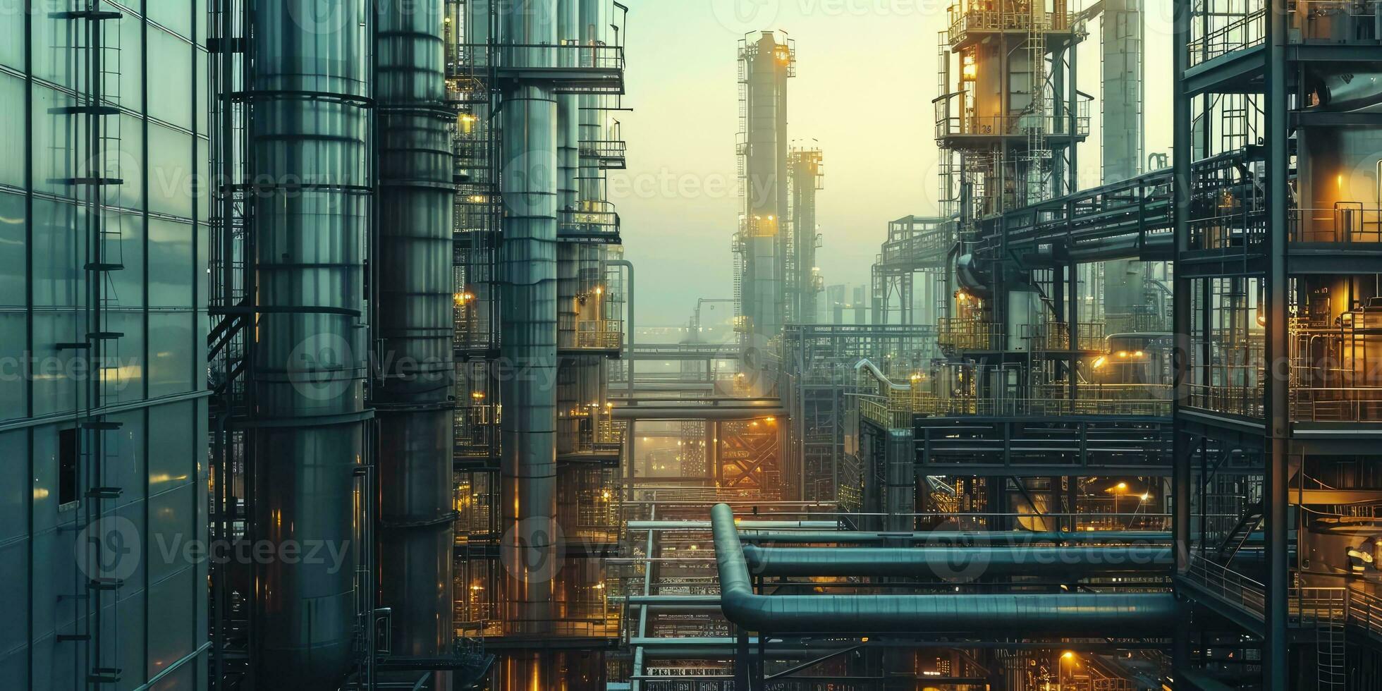 AI generated Generative AI, Hydrogen power plant, large steel tanks and pipes. Green renewable energy production, H2 energy concept photo