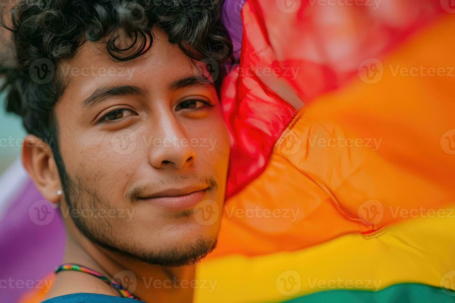 AI generated Generative AI, gay man smiling with rainbow flag, LGBT people walking in the street during the gaypride pride photo