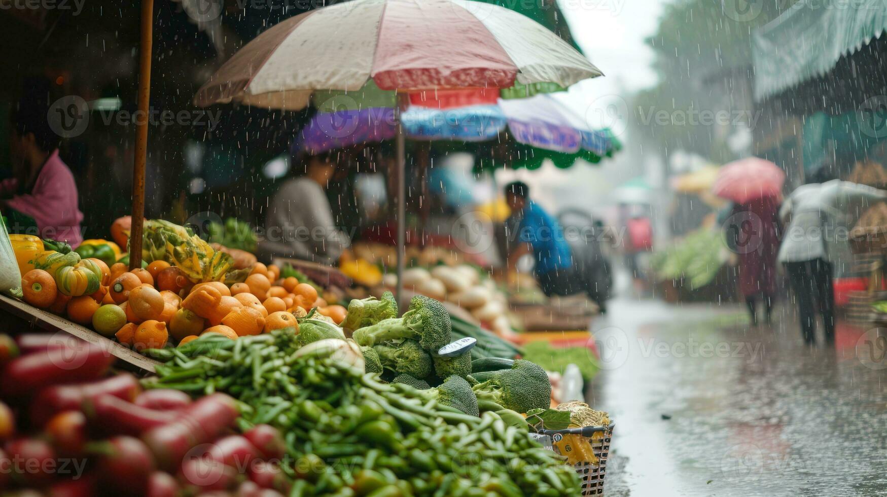 AI generated Generative AI, Traditional oriental asian market with fruits and vegetables under the rain with umbrellas photo