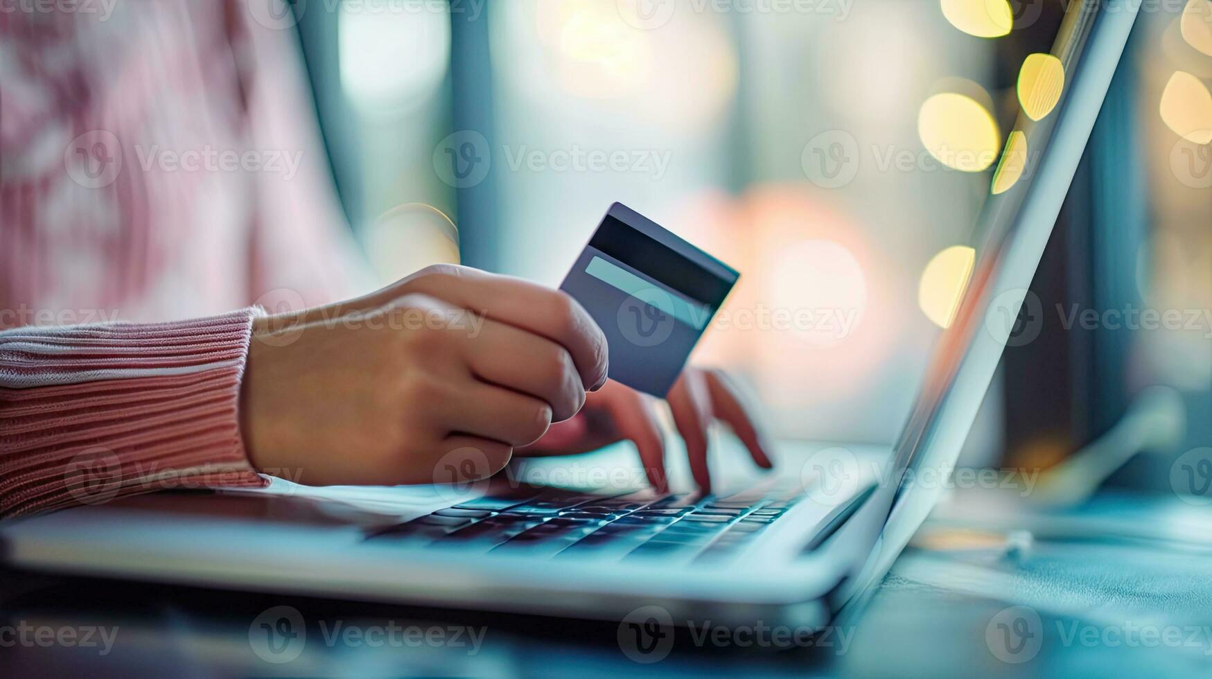 AI generated Generative AI, person using laptop computer for online shopping at home, hand holding credit card, online shopping concept photo