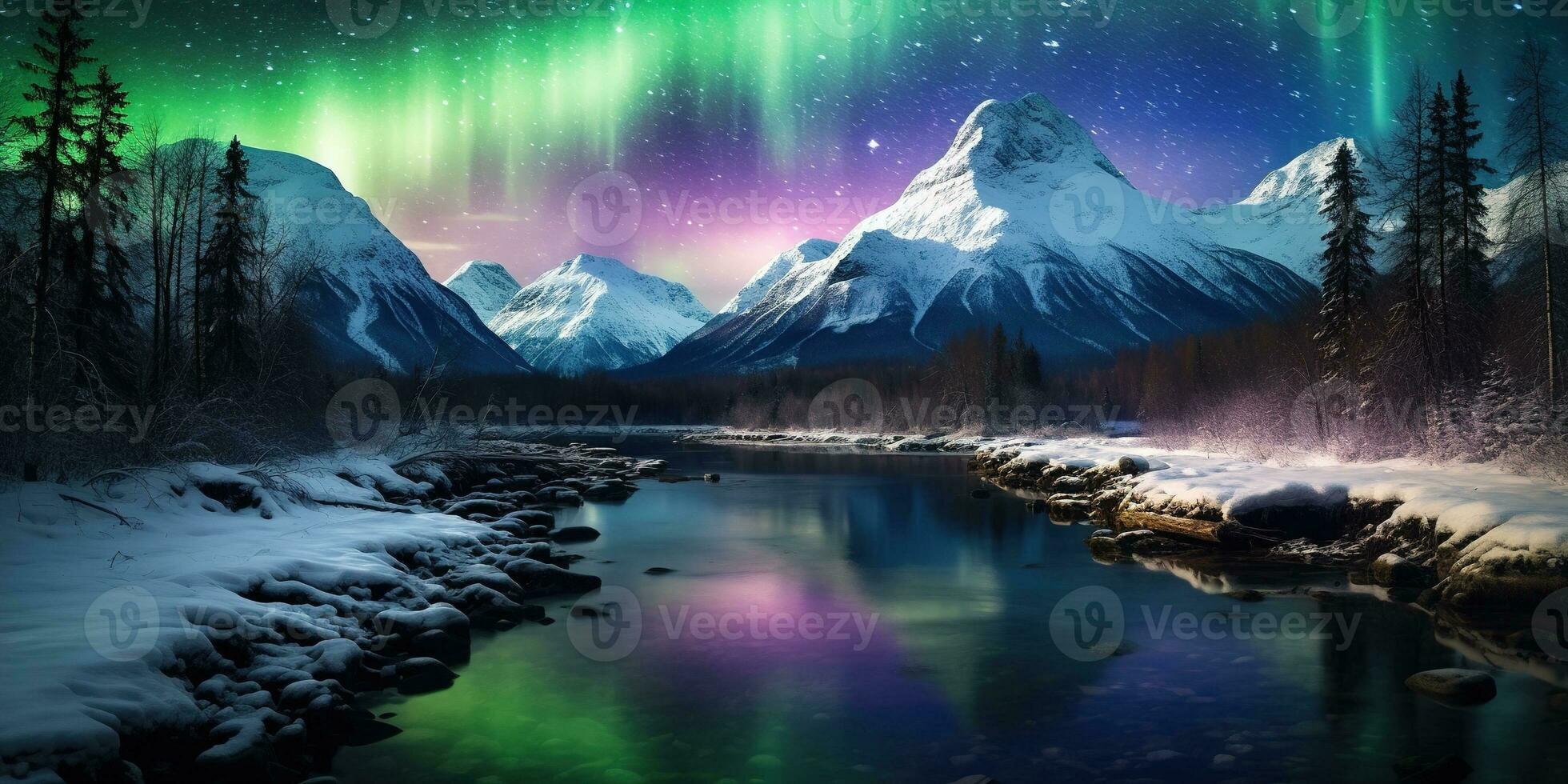 AI generated Generative AI, Green and pink northern lights above snowy mountains, winter landscape, aurora and reflection on the water surface photo