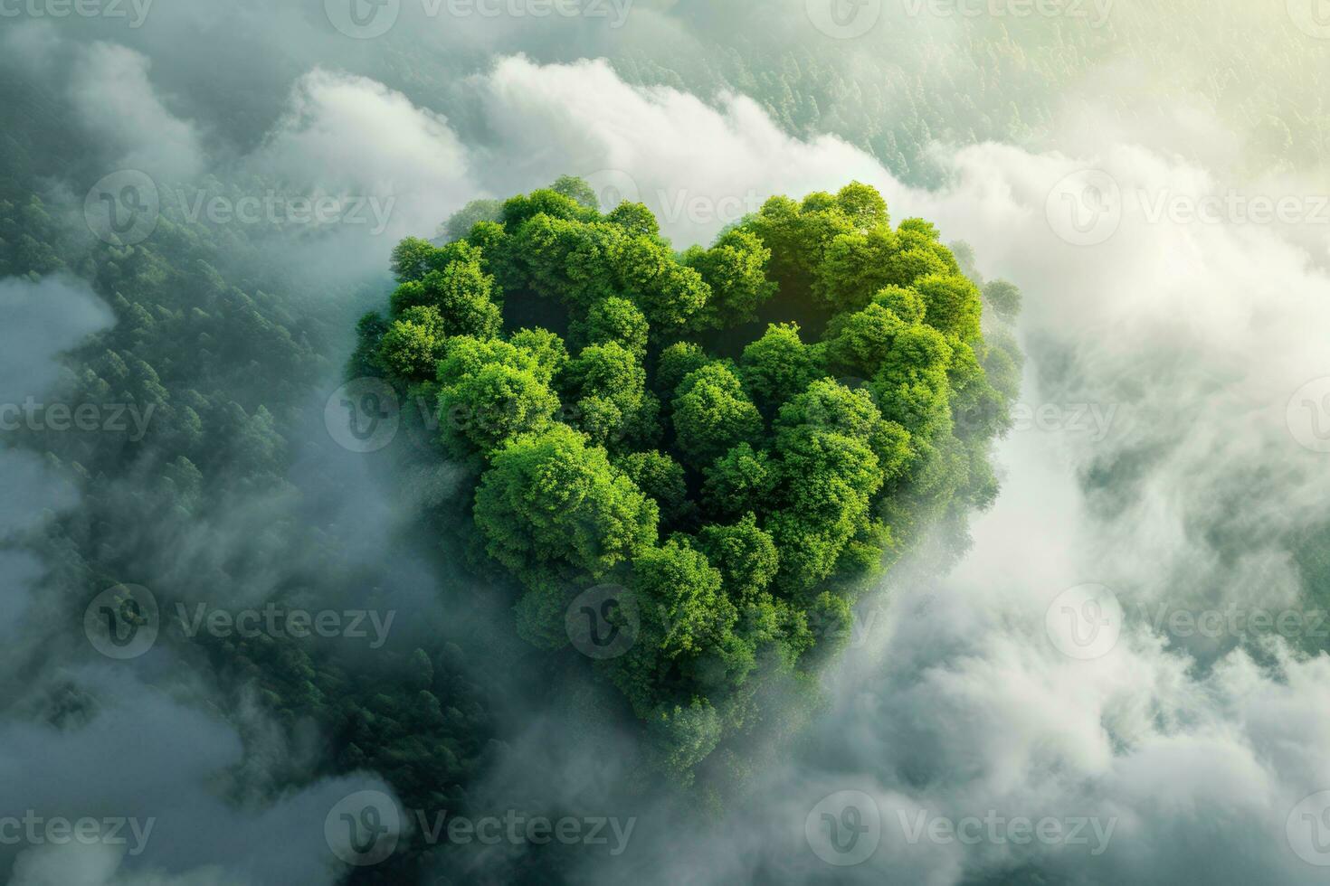 ai generado generativo ai, verde bosque con corazón forma, hermosa paisaje con blanco nubes, ambiente amor planeta concepto foto