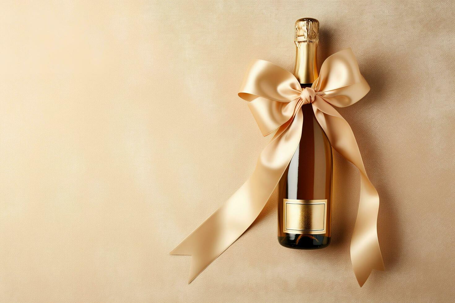 AI generated Generative AI, Beige champagne bottle mockup with bow on beige background photo