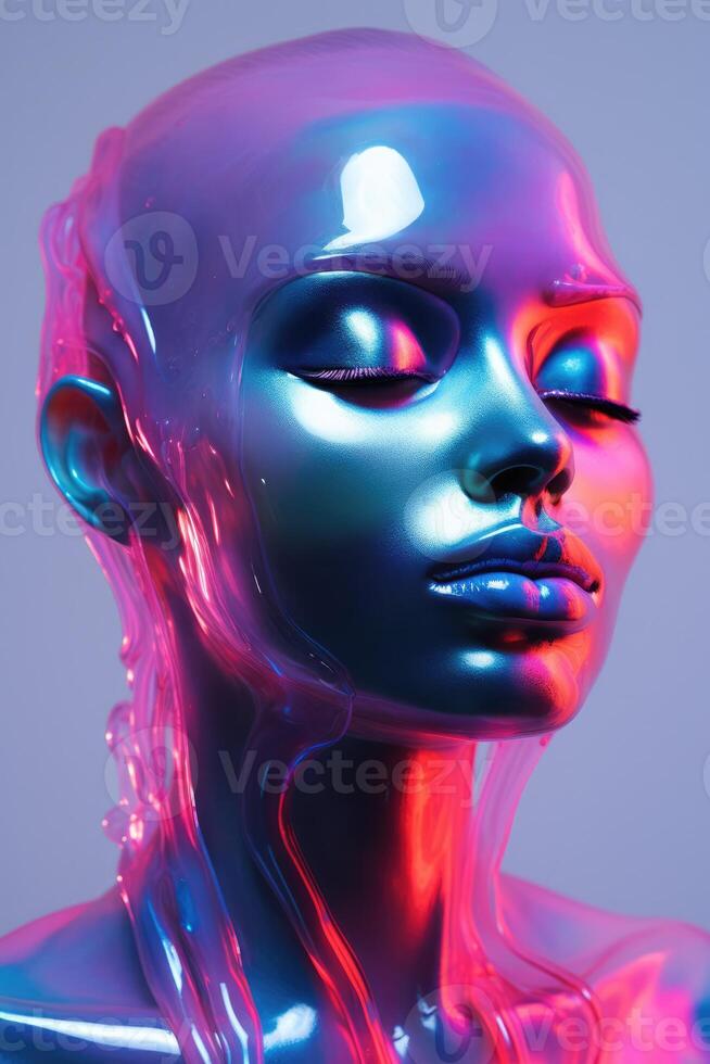 AI generated Generative AI, woman face in iridescent colors liquid, fluid, futuristic alien style, closeup photo