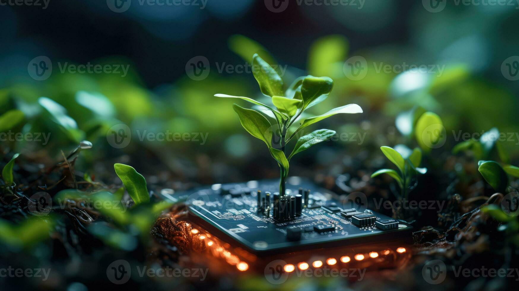 AI generated Generative AI, Plant growing from the circuit board. Ecology and environment concept photo