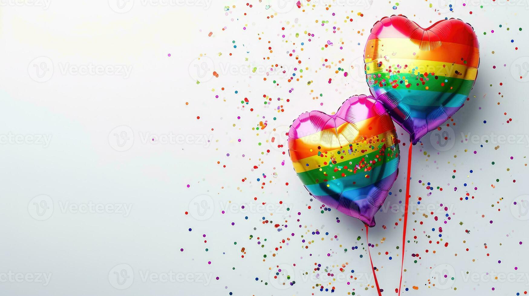 AI generated Generative AI, Foil LGBT rainbow flag colors balloons in heart shape and confetti for Valentine's day or wedding with copy space photo