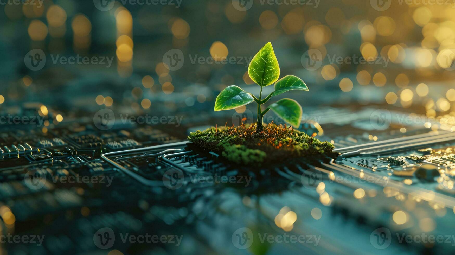 AI generated Generative AI, Plant growing from the circuit board. Ecology and environment concept photo