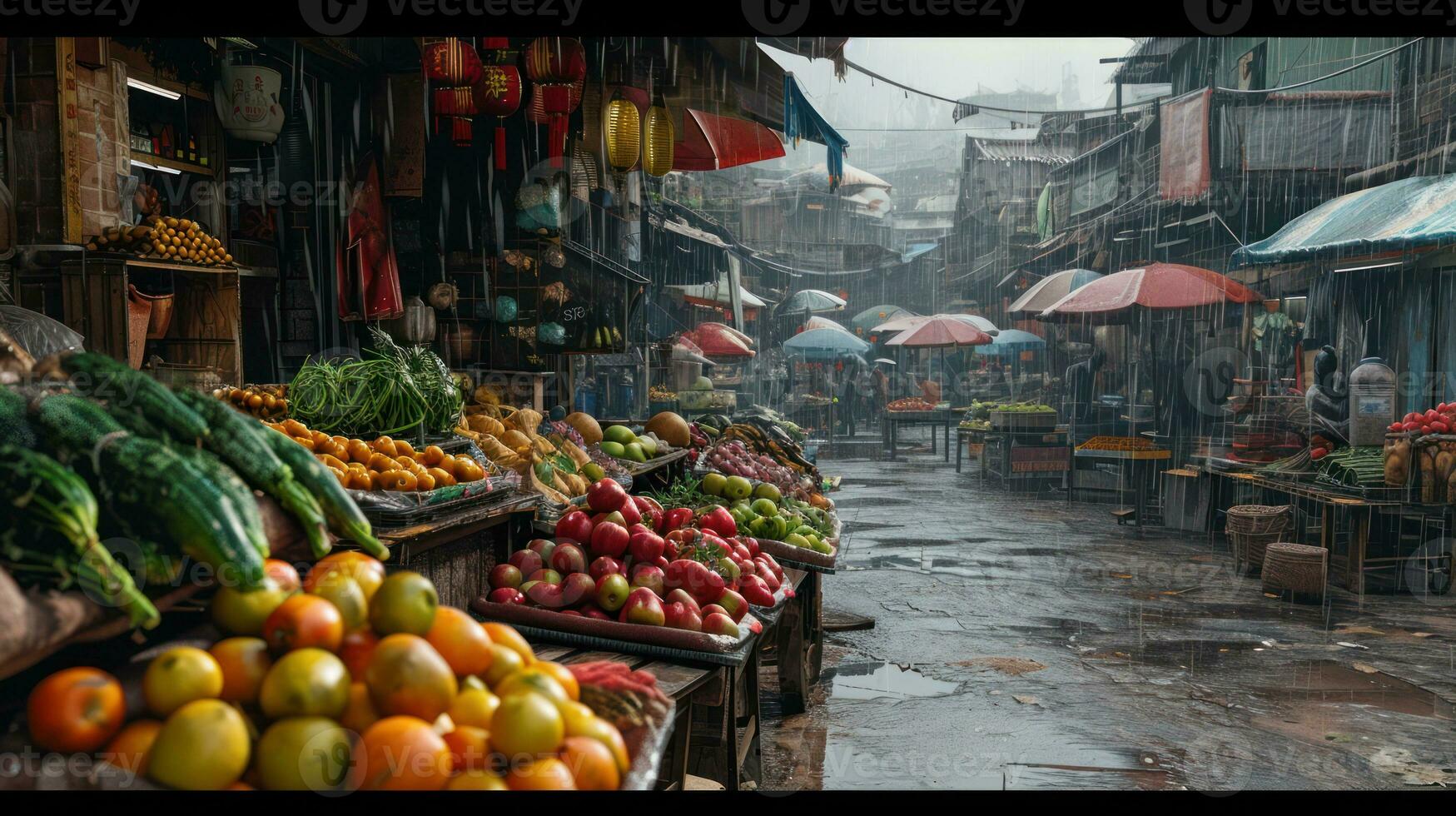 ai generado generativo ai, tradicional oriental asiático mercado con frutas y vegetales debajo el lluvia con paraguas foto