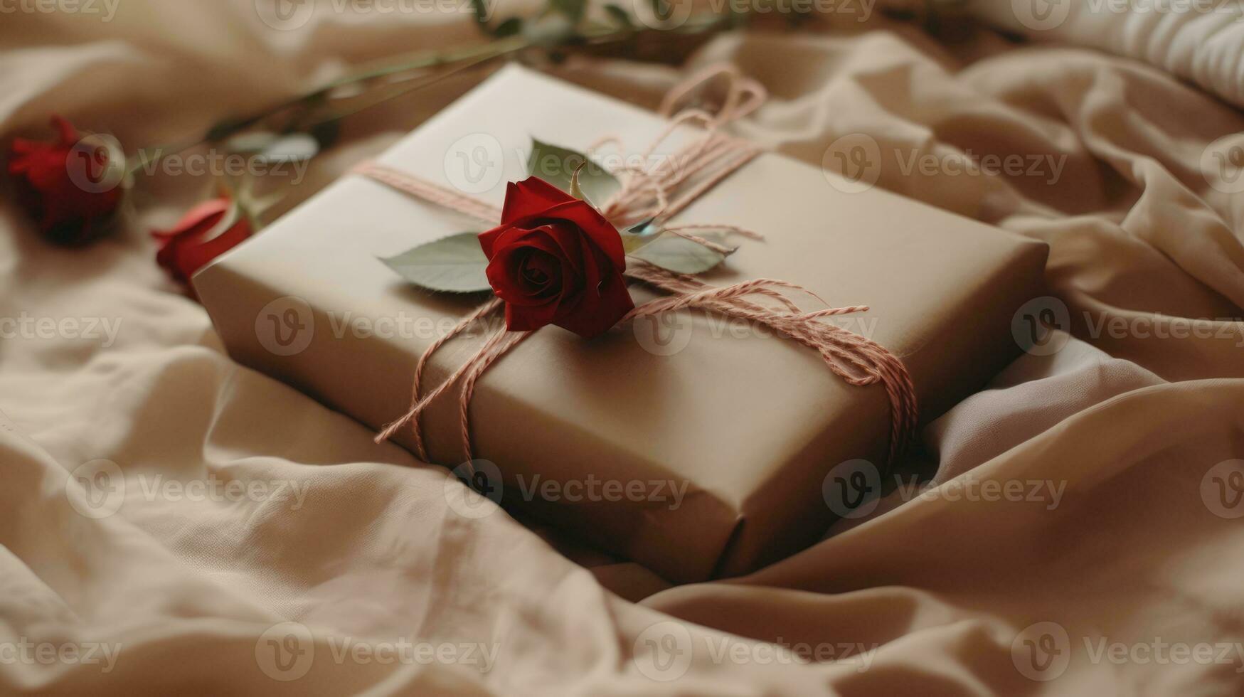AI generated Generative AI, Valentine's Day gift box with decoration close up, muted colors, holiday photorealistic aesthetic background photo