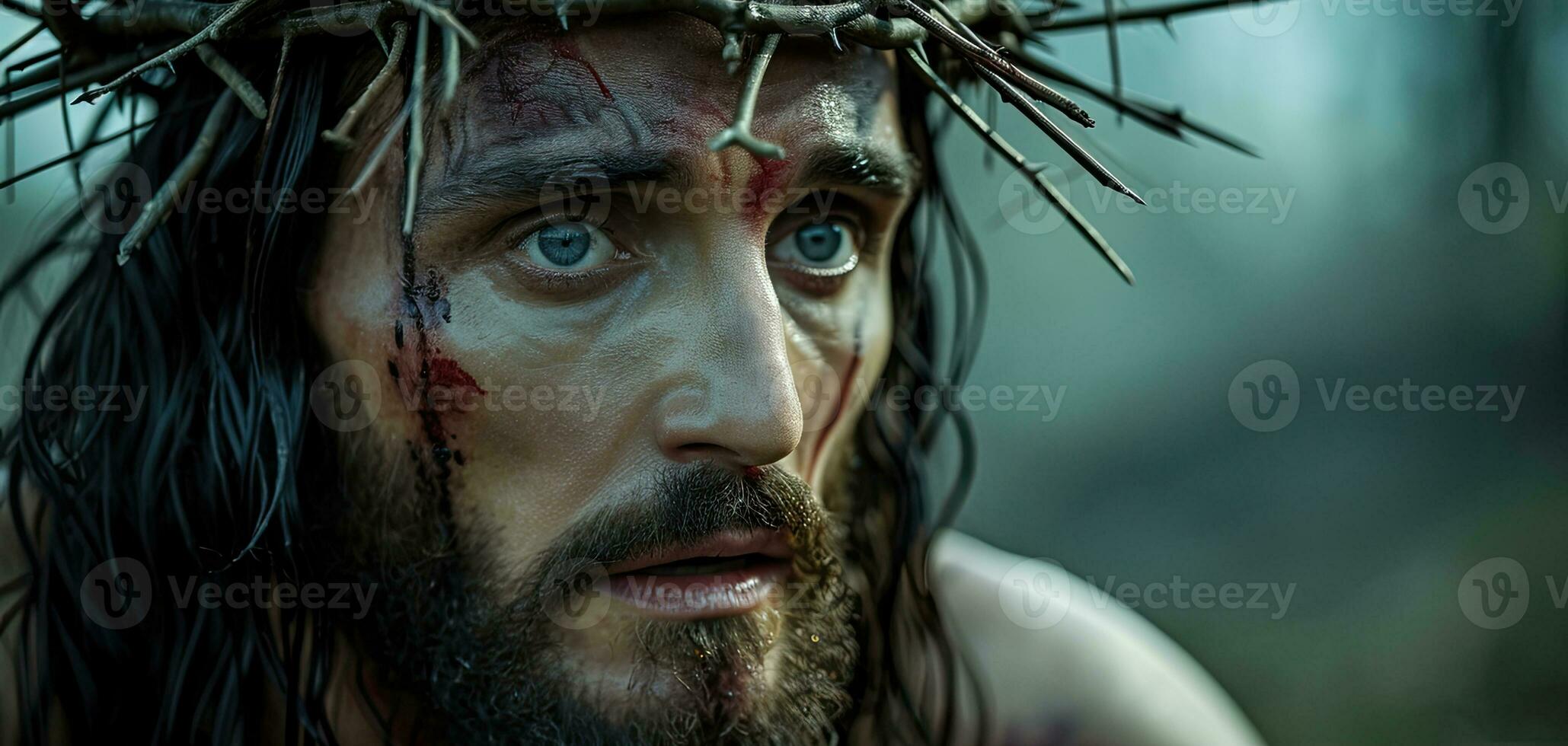 AI generated Generative AI, Jesus Christ in crown of thorns, photo close up