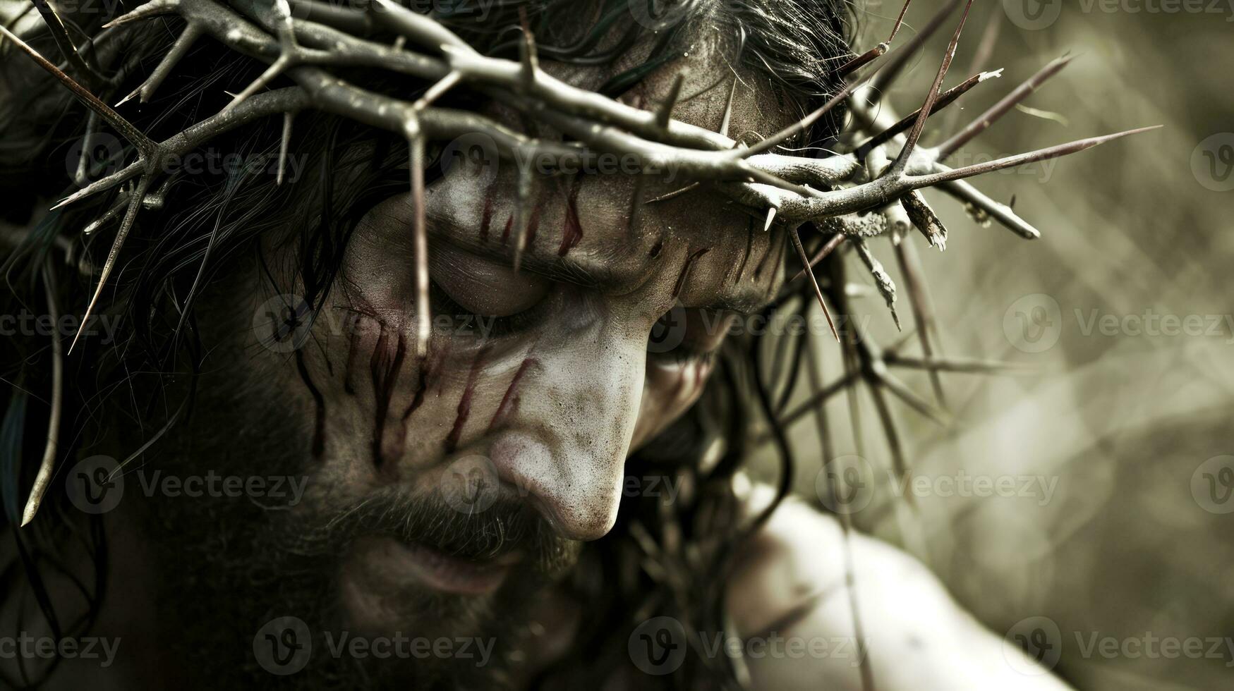 AI generated Generative AI, Jesus Christ in crown of thorns, photo close up