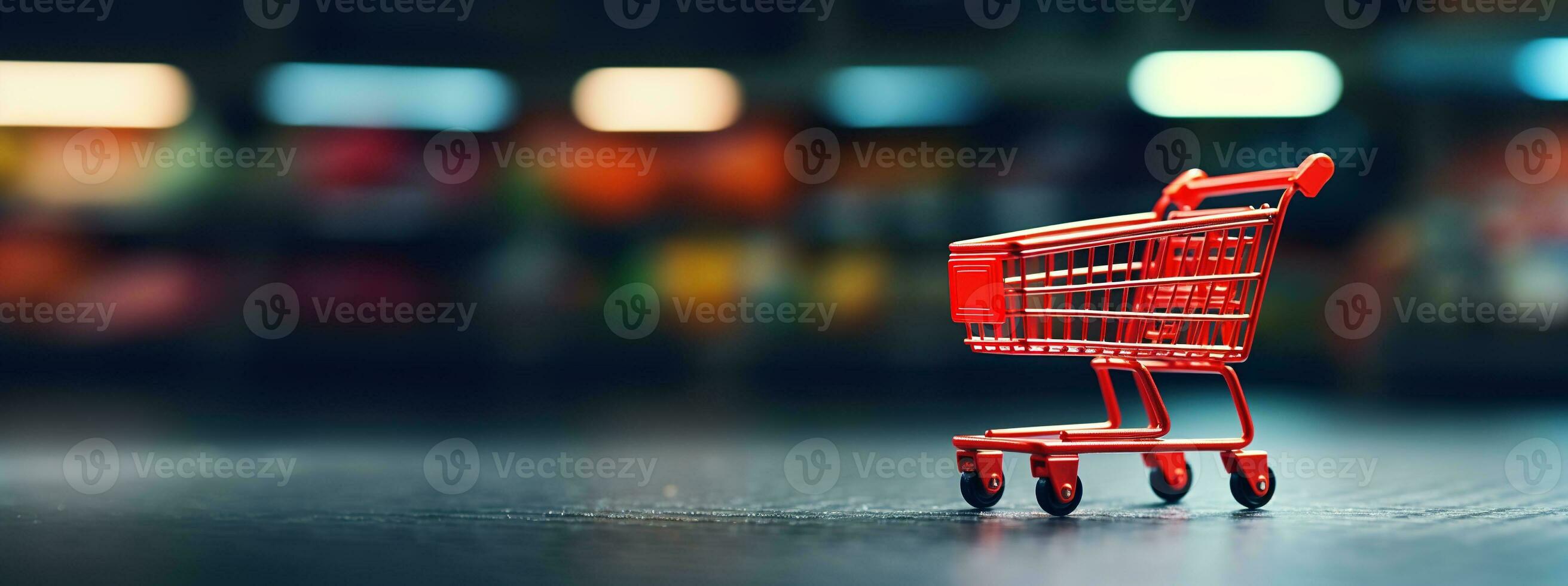 AI generated Generative AI, red shopping cart in the supermarket, free delivery, discounts and sale concept. photo