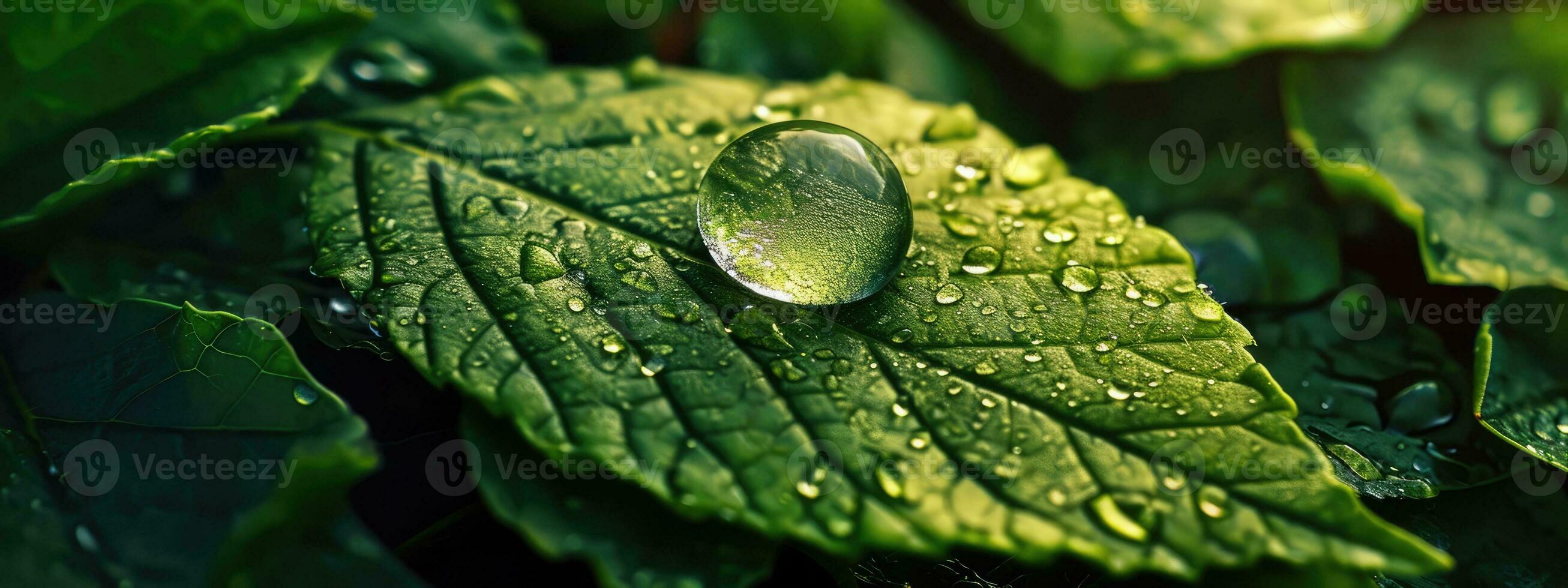 AI generated Generative AI, macro texture of green leaf with water drops, green foliage texture, ecology background photo