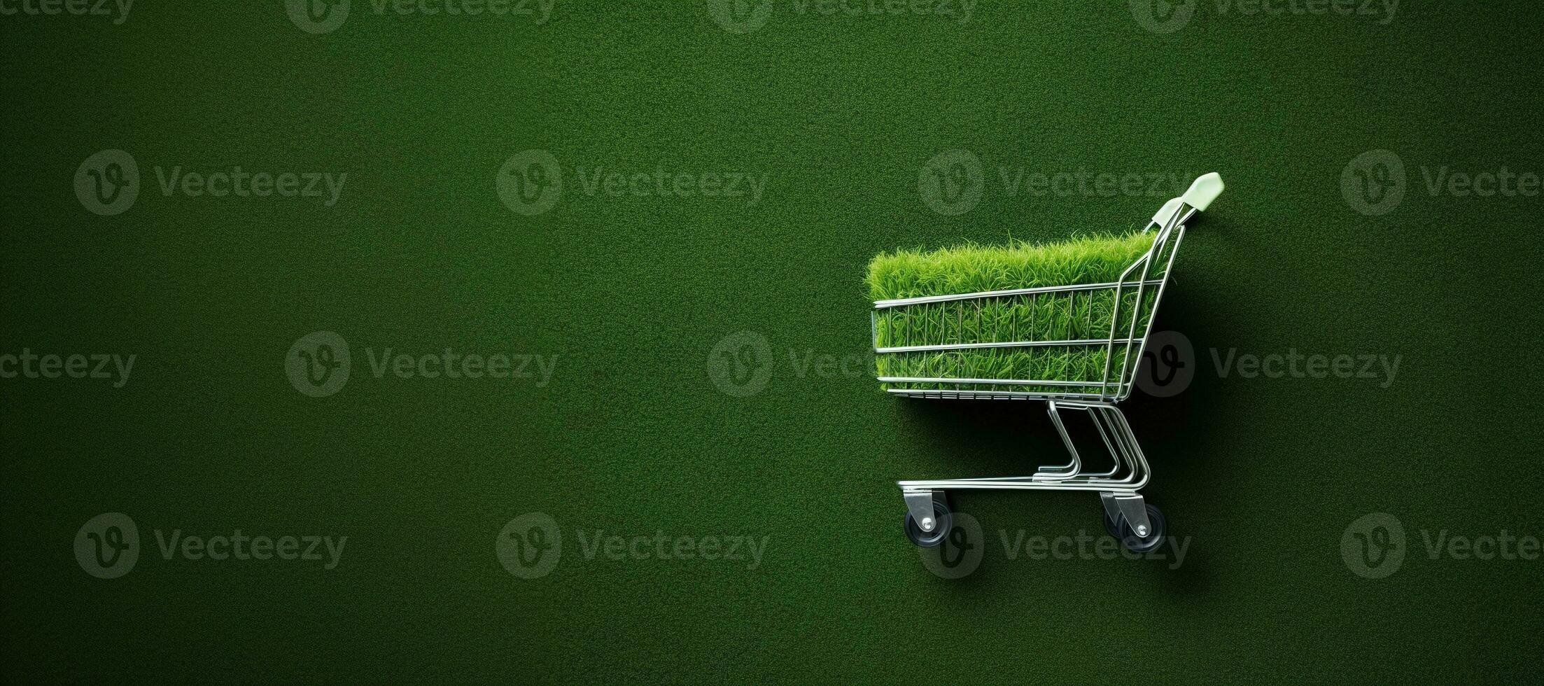 AI generated Generative AI, shopping cart on grass and moss background, environment concept, shopaholism, ecology concept. Sustainable lifestyle, conscious consumption photo