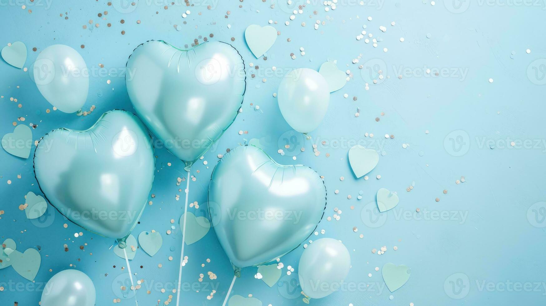 AI generated Generative AI, Foil blue balloons in heart shape and confetti for Valentine's day or wedding with copy space photo