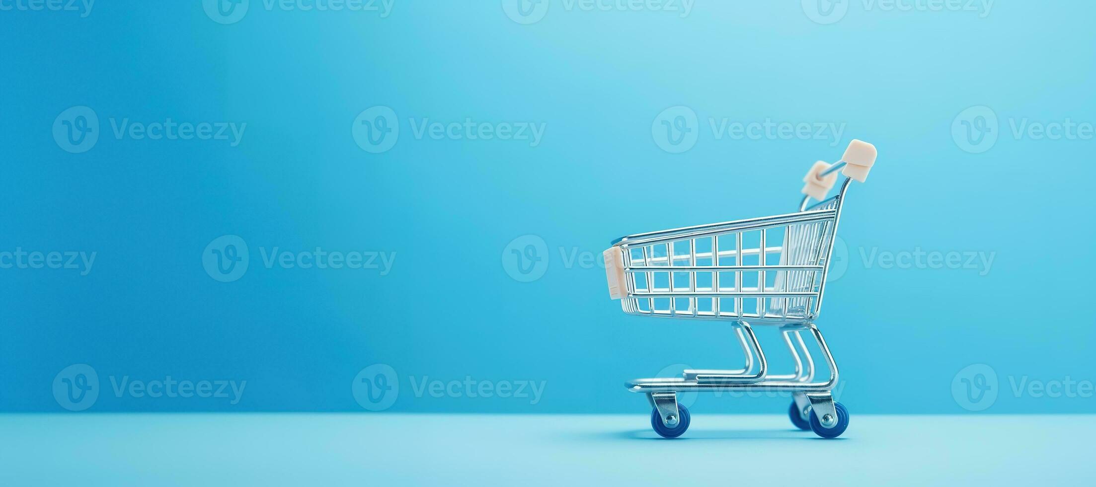 AI generated Generative AI, empty shopping cart on blue background, minimalistic shop online, free delivery, discounts and sale concept. photo