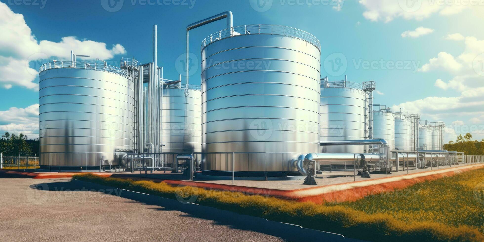 AI generated Generative AI, Hydrogen power plant, large steel tanks and pipes. Green renewable energy production, H2 energy concept photo