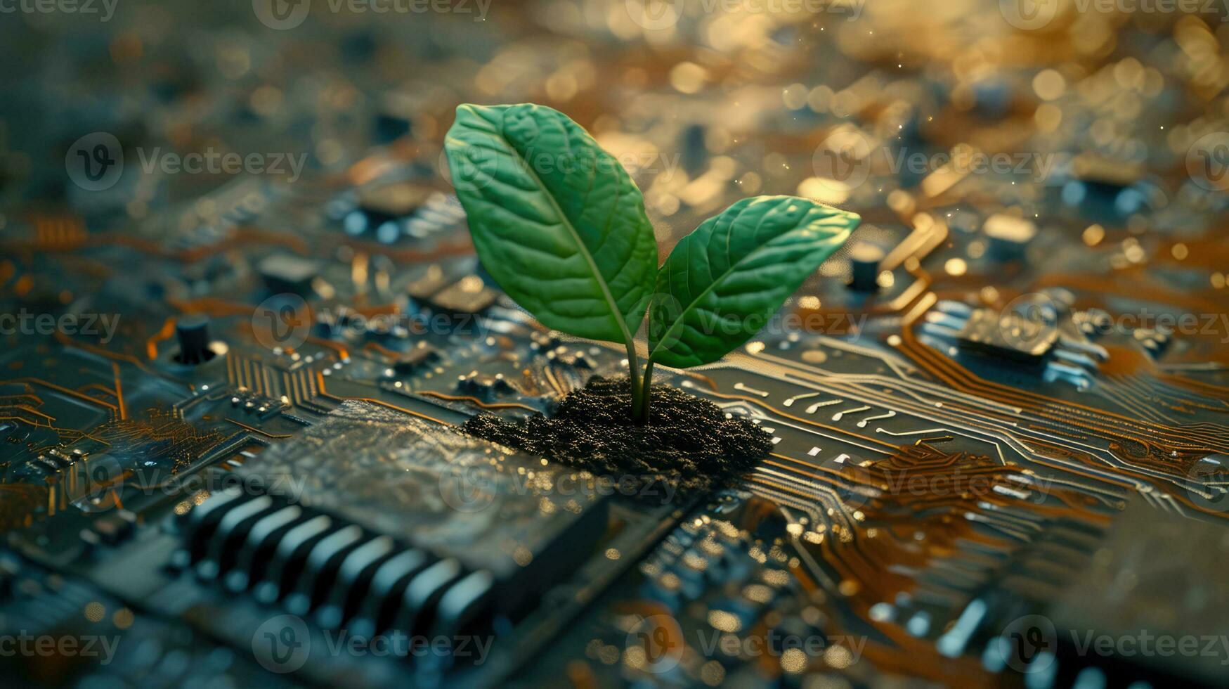 AI generated Generative AI, Plant growing from the circuit board. Ecology and environment concept photo