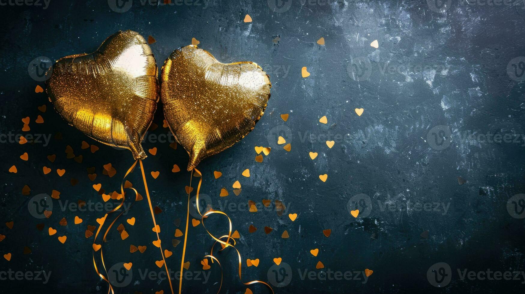 AI generated Generative AI, Foil golden balloons in heart shape and confetti for Valentine's day or wedding with copy space photo