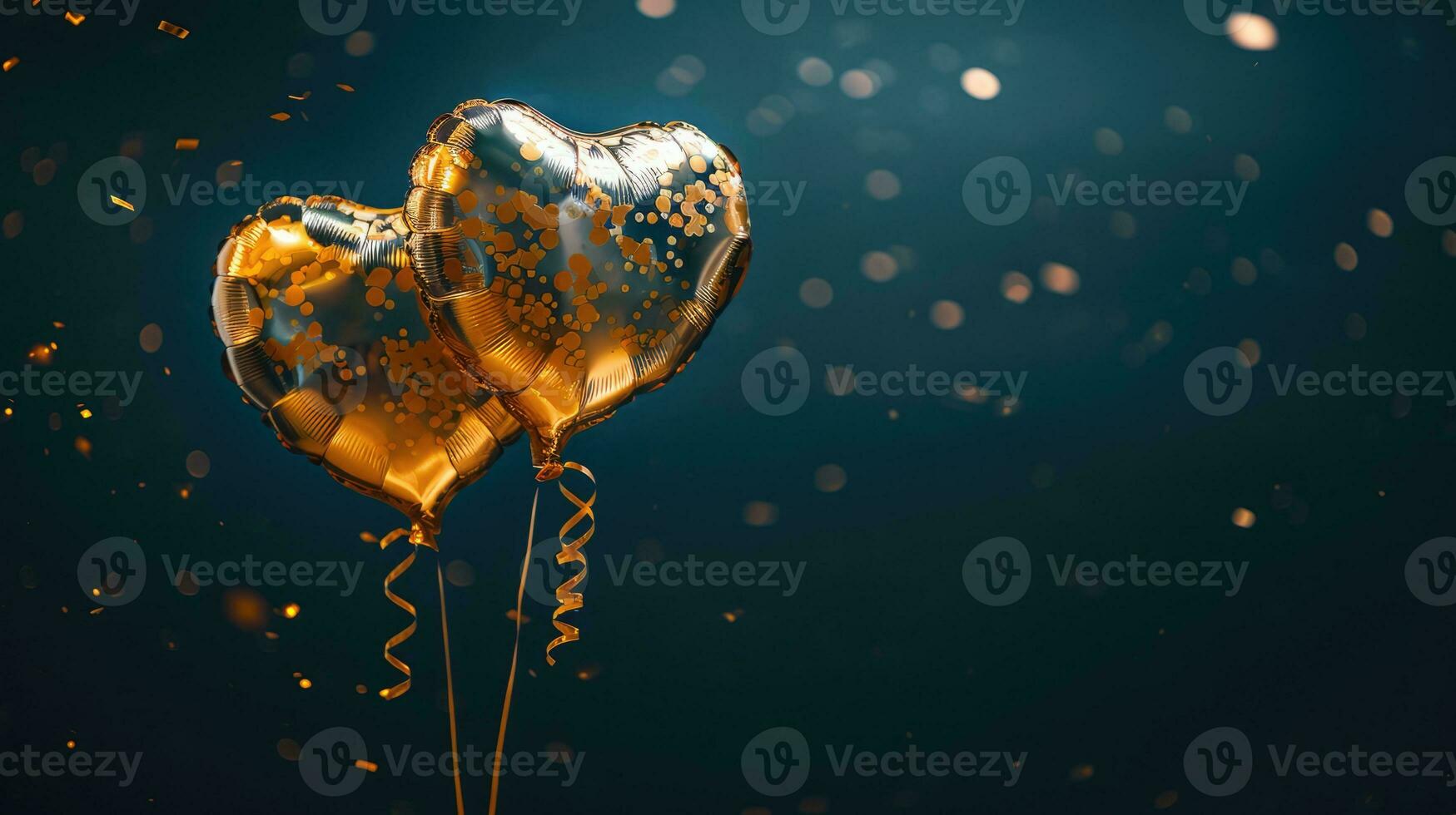 AI generated Generative AI, Foil golden balloons in heart shape and confetti for Valentine's day or wedding with copy space photo