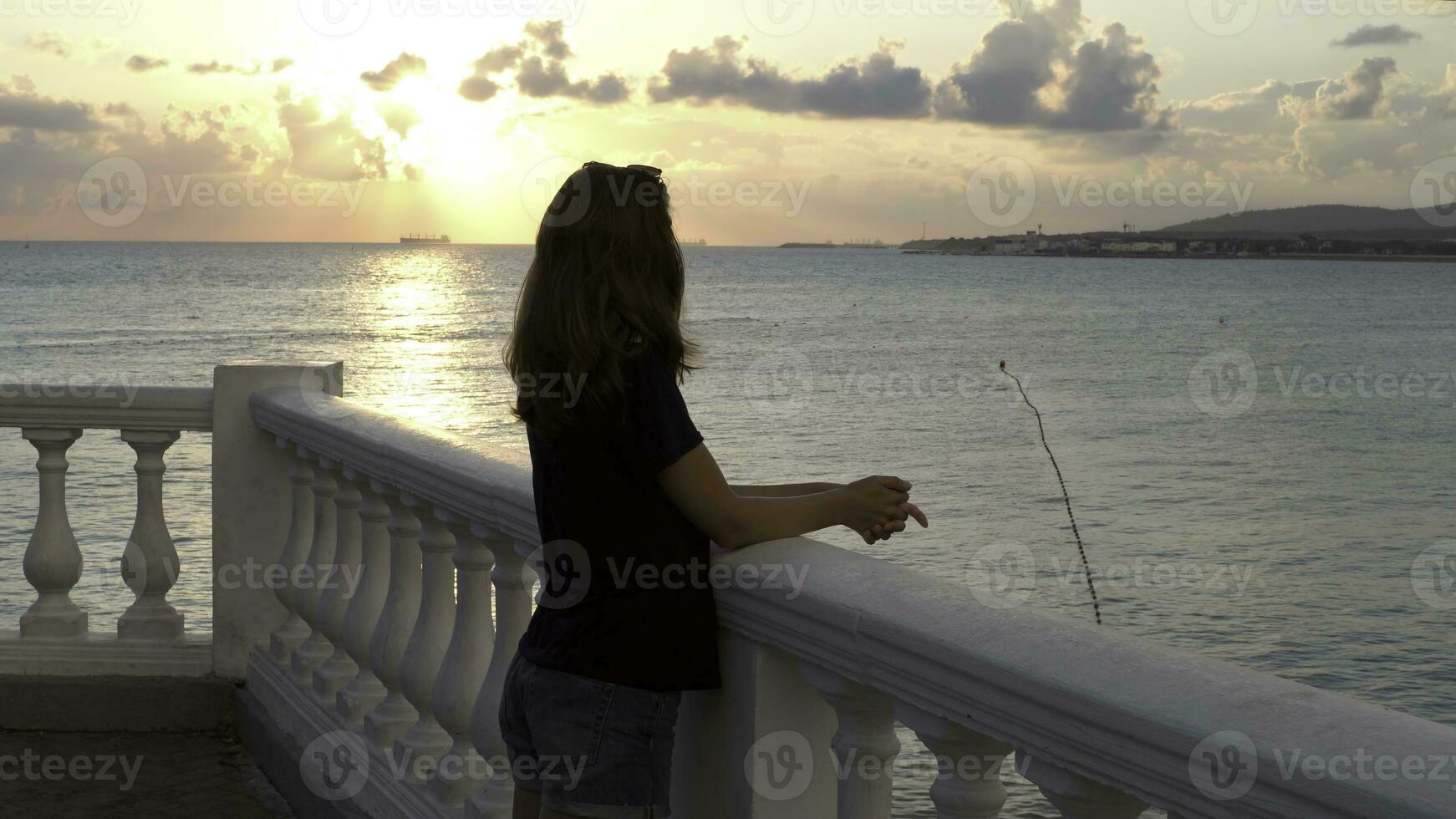 Woman standing on the embankment by the shore of the sea and looking at stunning sunset. Media. Lonely young romantic girl leaning on the railing.against beautiful seaside landscape. photo