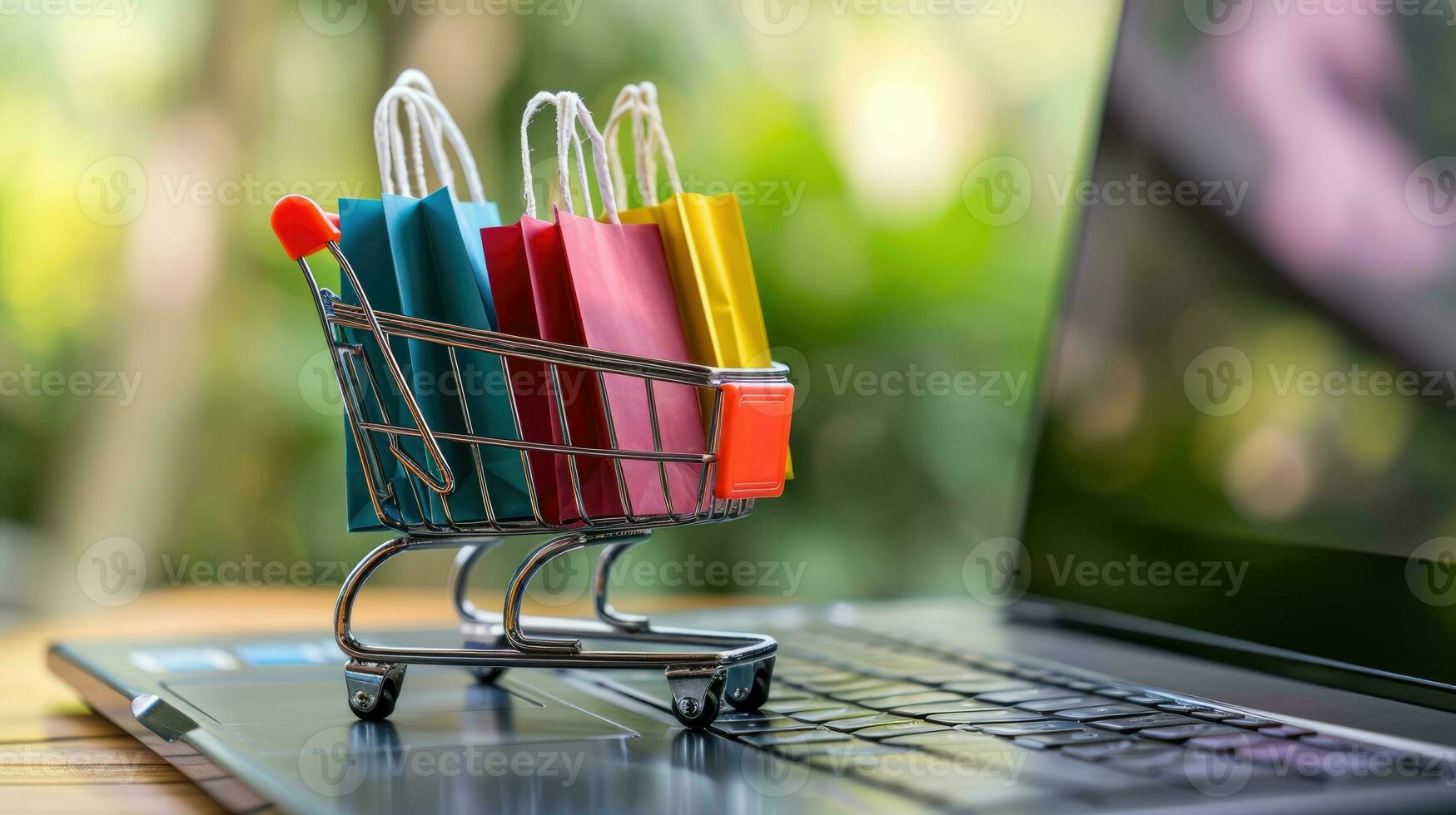 AI generated Generative AI, shopping cart with shopping bags standing on laptop keyboard, shop online, free delivery, discounts and sale concept. photo