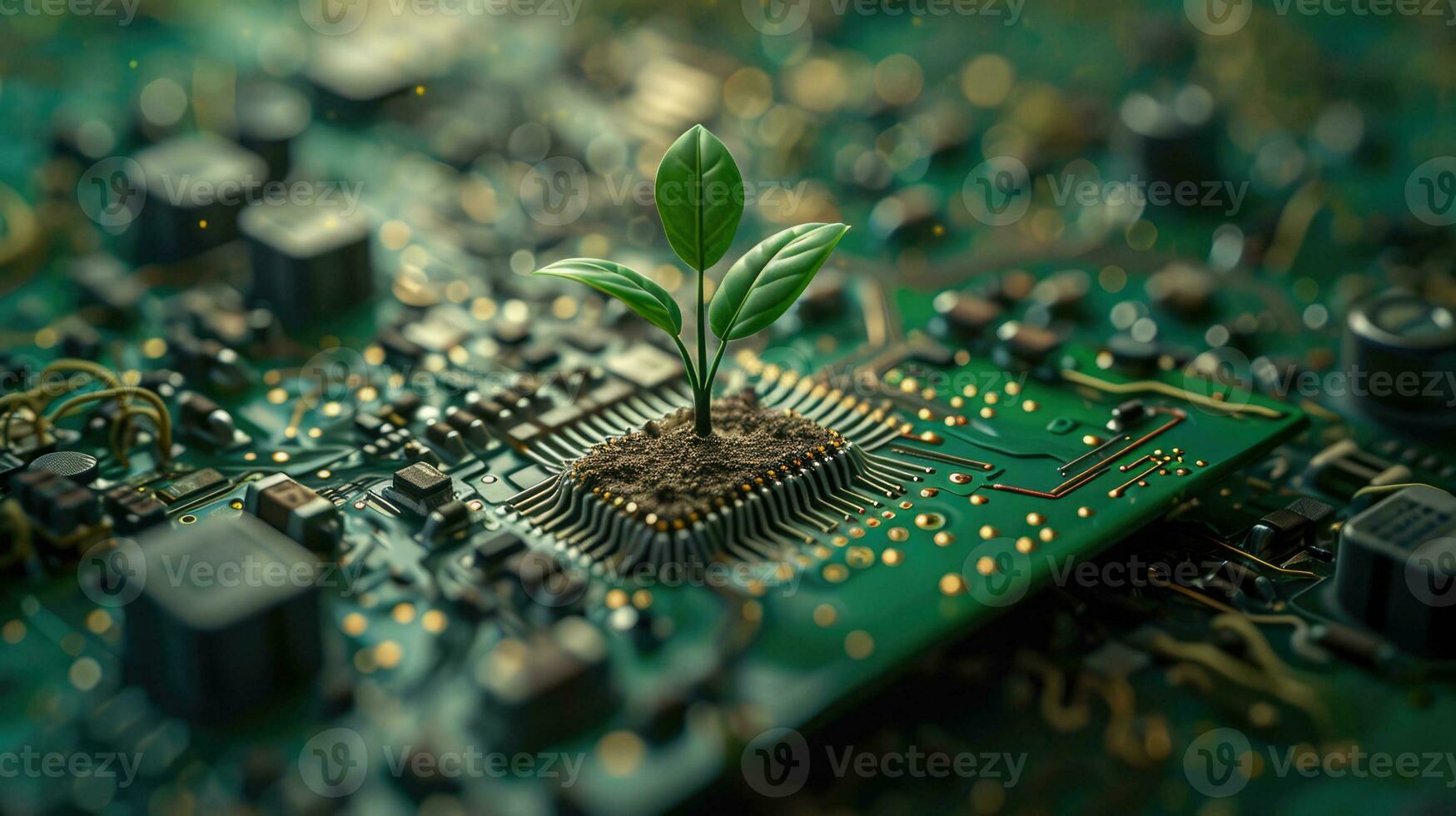 AI generated Generative AI, Plant growing from the circuit board. Ecology and environment concept photo