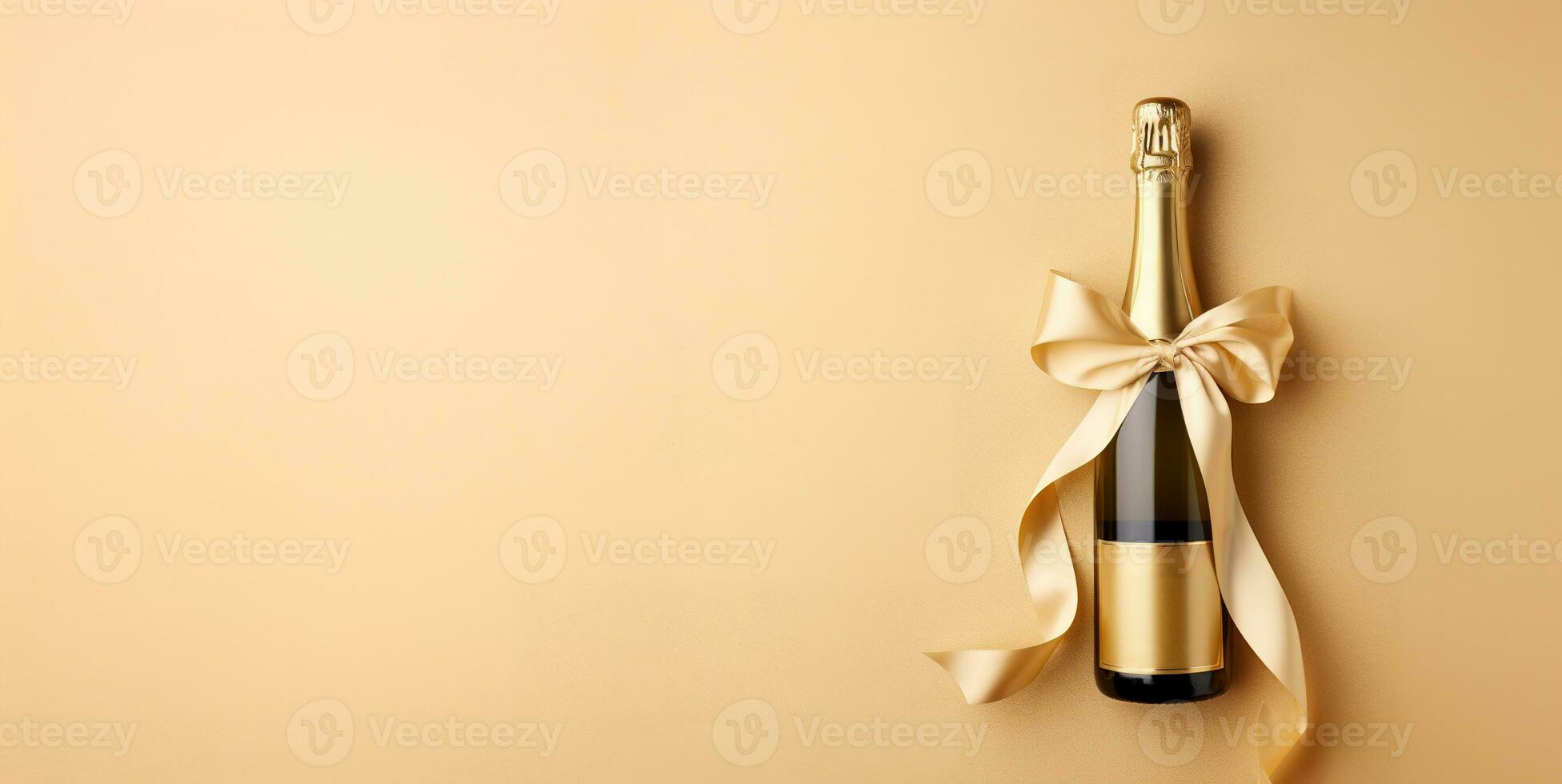 AI generated Generative AI, Beige champagne bottle mockup with bow on beige background photo