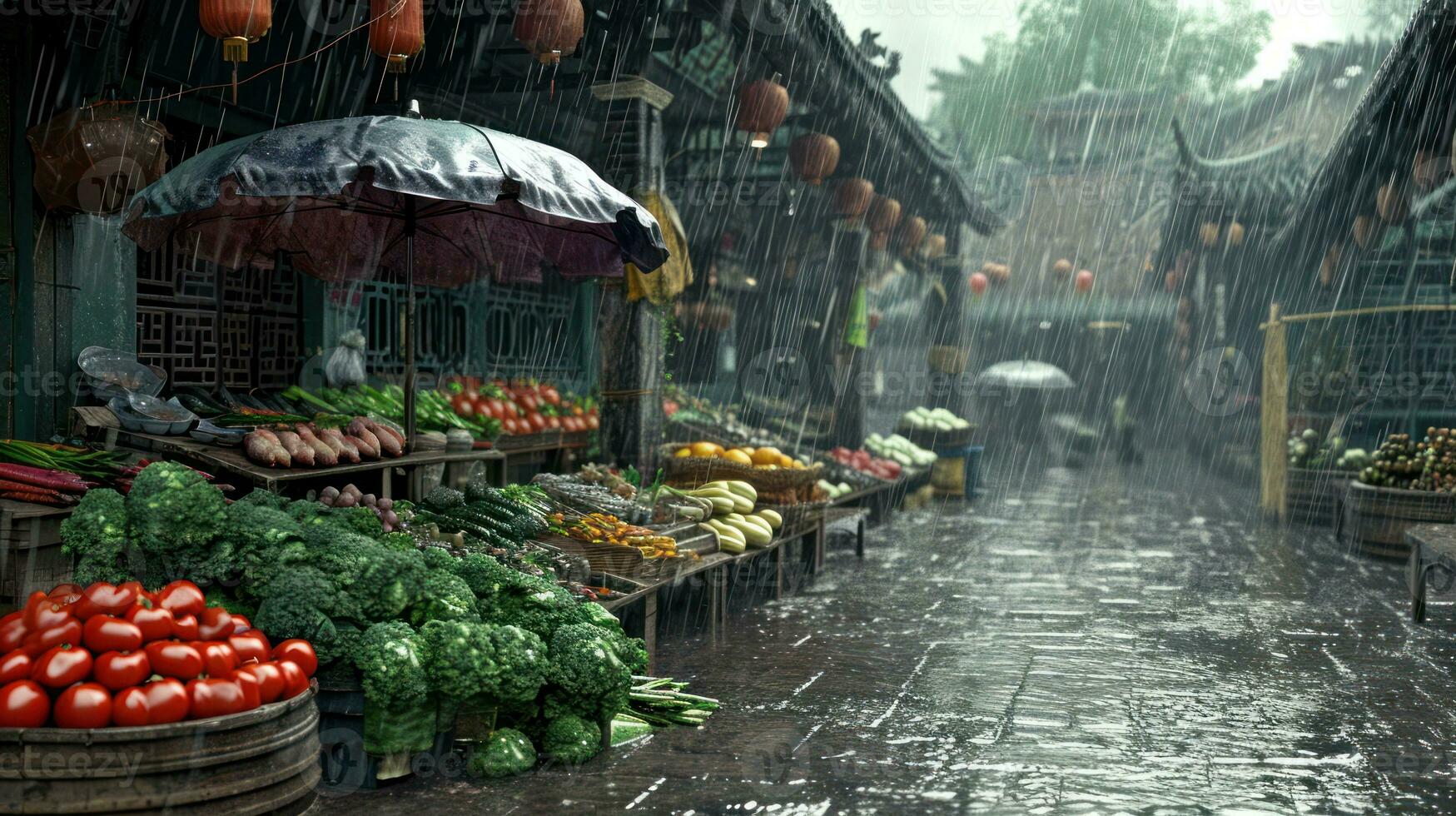 ai generado generativo ai, tradicional oriental asiático mercado con frutas y vegetales debajo el lluvia con paraguas foto