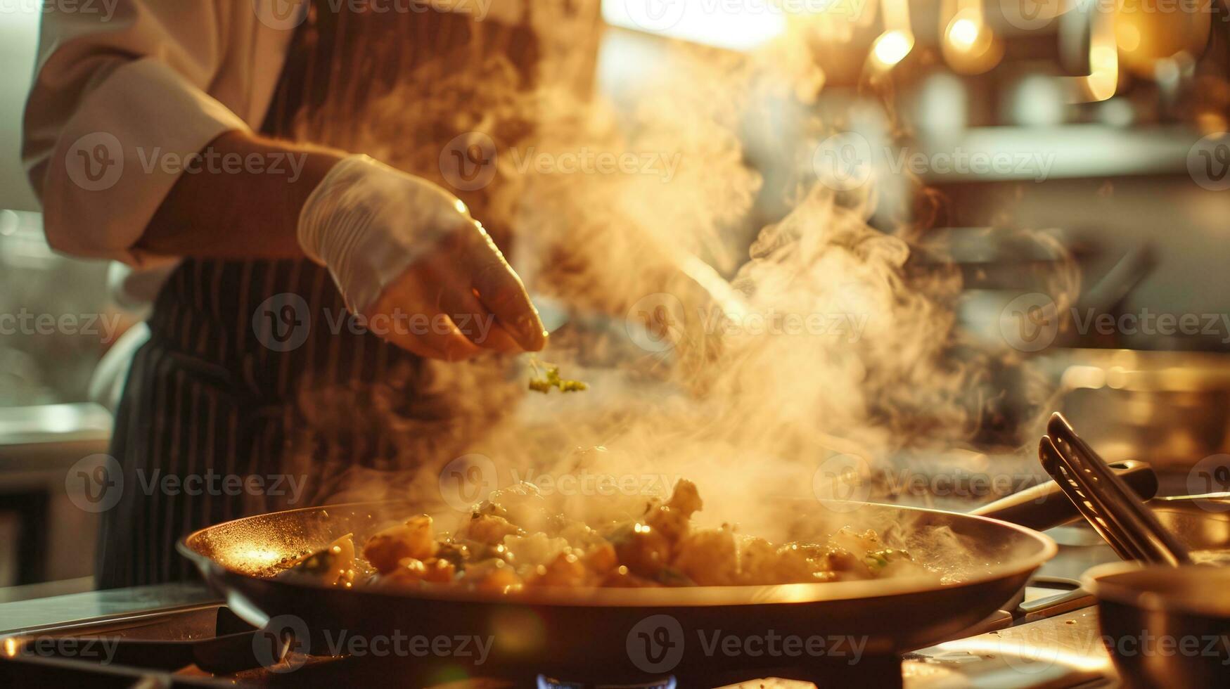 AI generated Generative AI, chef is cooking with steaming hot pan, busy restaurant kitchen photo