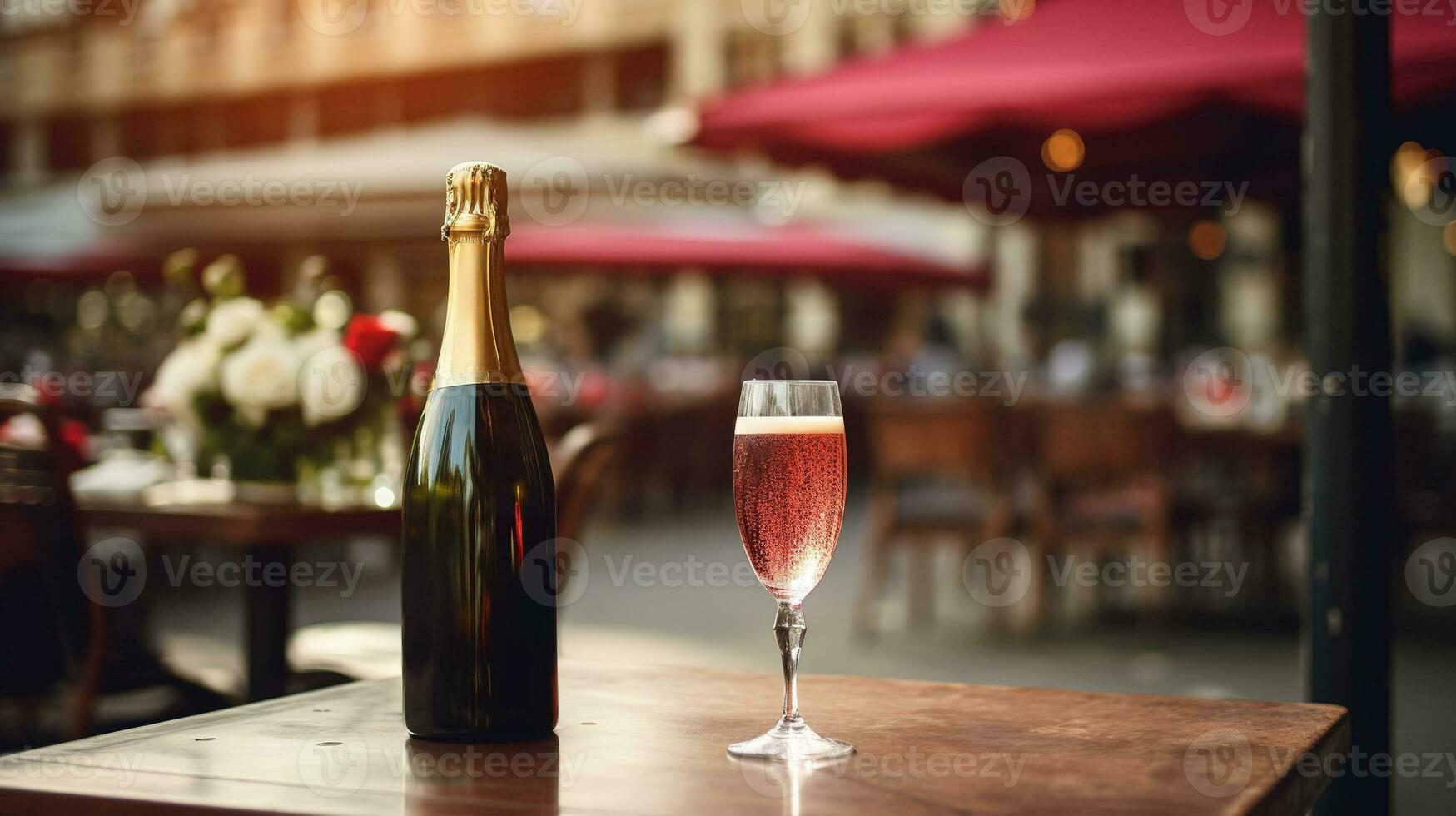 ai generado generativo ai, vaso de champán y botella en de madera mesa con difuminar antecedentes con luces de calle bar, cafetería, café tienda o restaurante, bebida burlarse de arriba foto