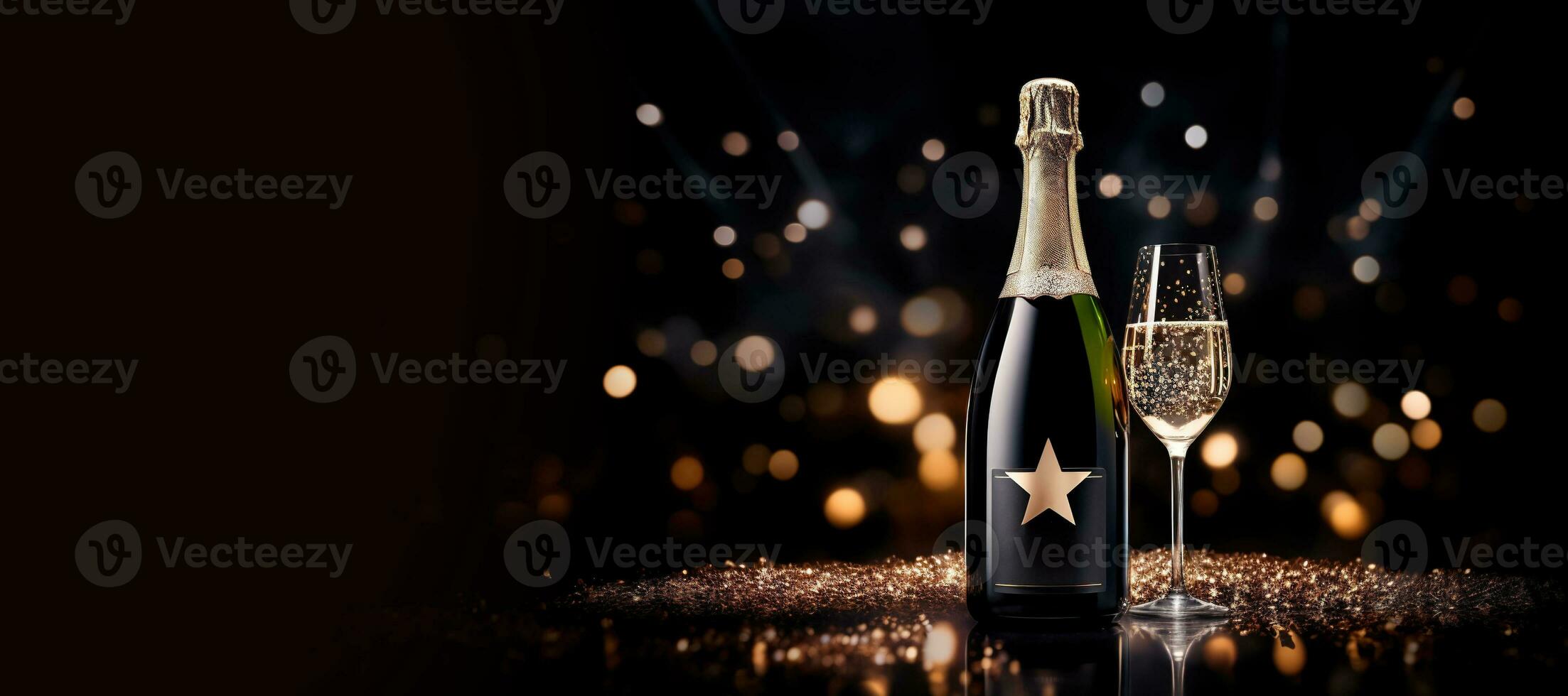 AI generated Generative AI, Golden champagne bottle mockup with glass on dark background, golden lights and confetti photo