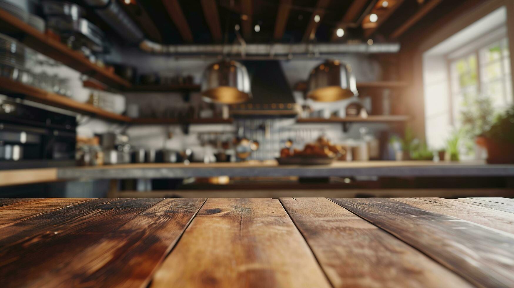 AI generated Generative AI, empty wooden tabletop on blurred modern kitchen background with copy space photo