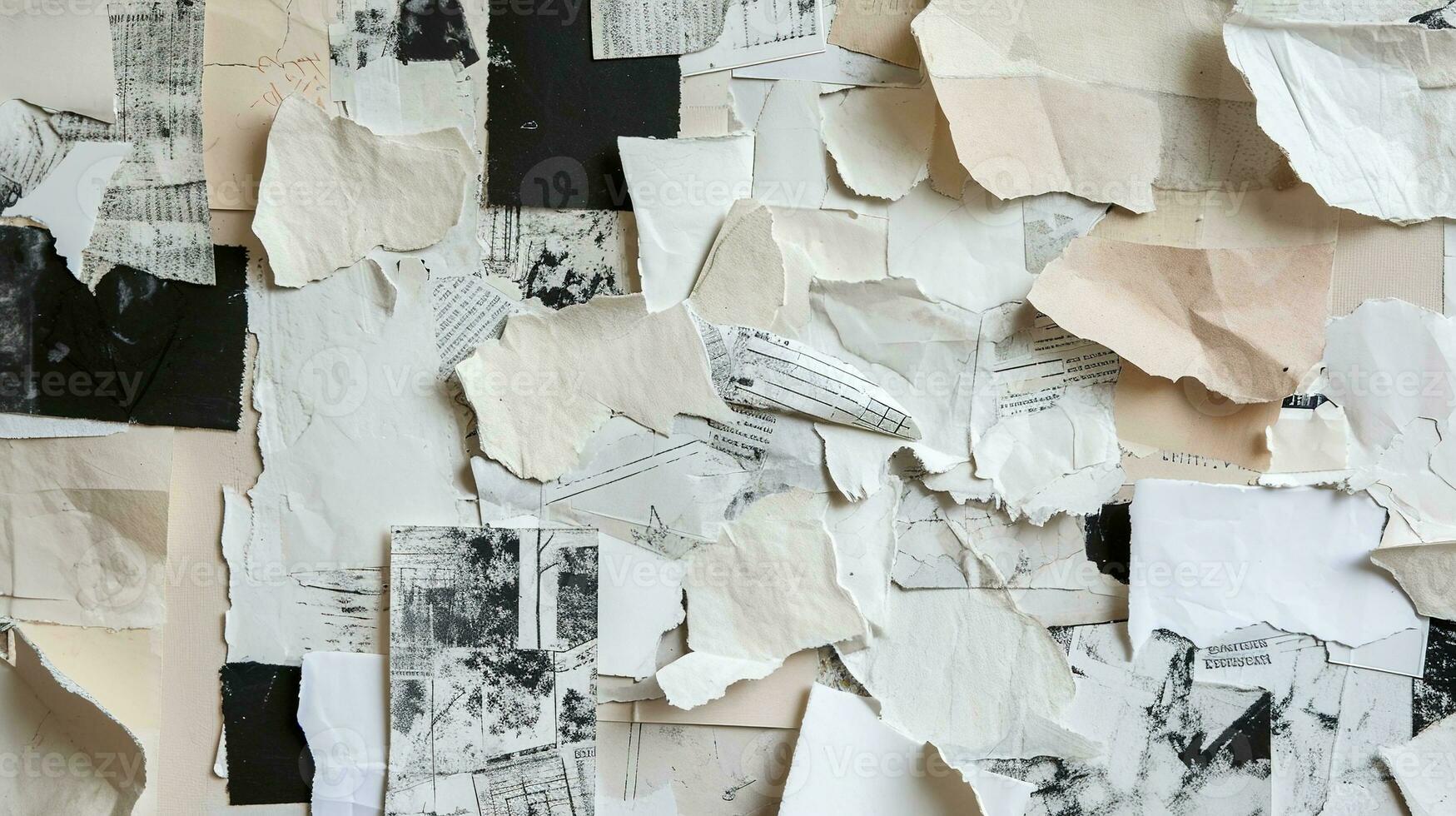 AI generated Generative AI, collage of waste paper pieces, ripped paper with torn, recycling concept photo