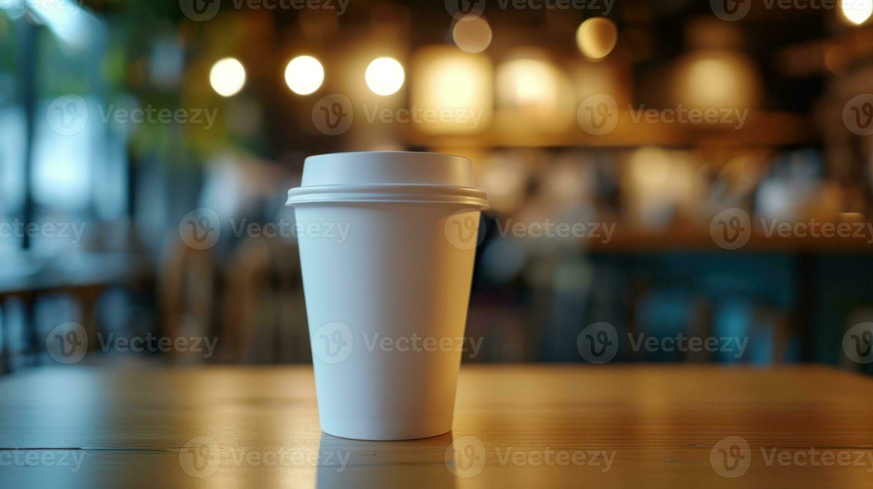 ai generado generativo ai, blanco papel taza en el mesa en el café tienda interior, jarra burlarse de arriba blanco. foto