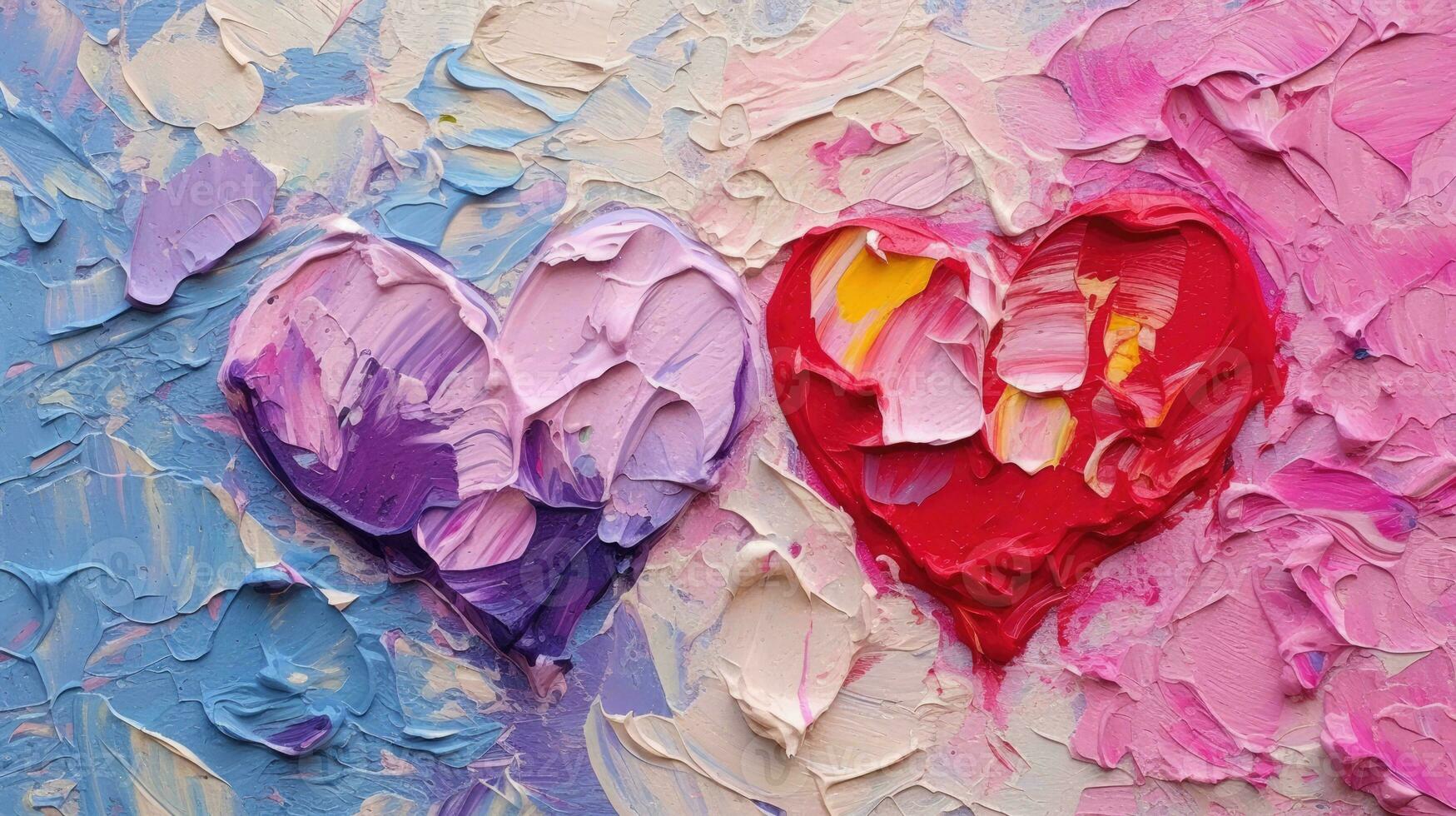 AI generated Generative AI, Closeup of impasto abstract rough colorful art painting texture with different hearts, Valentine day concept photo