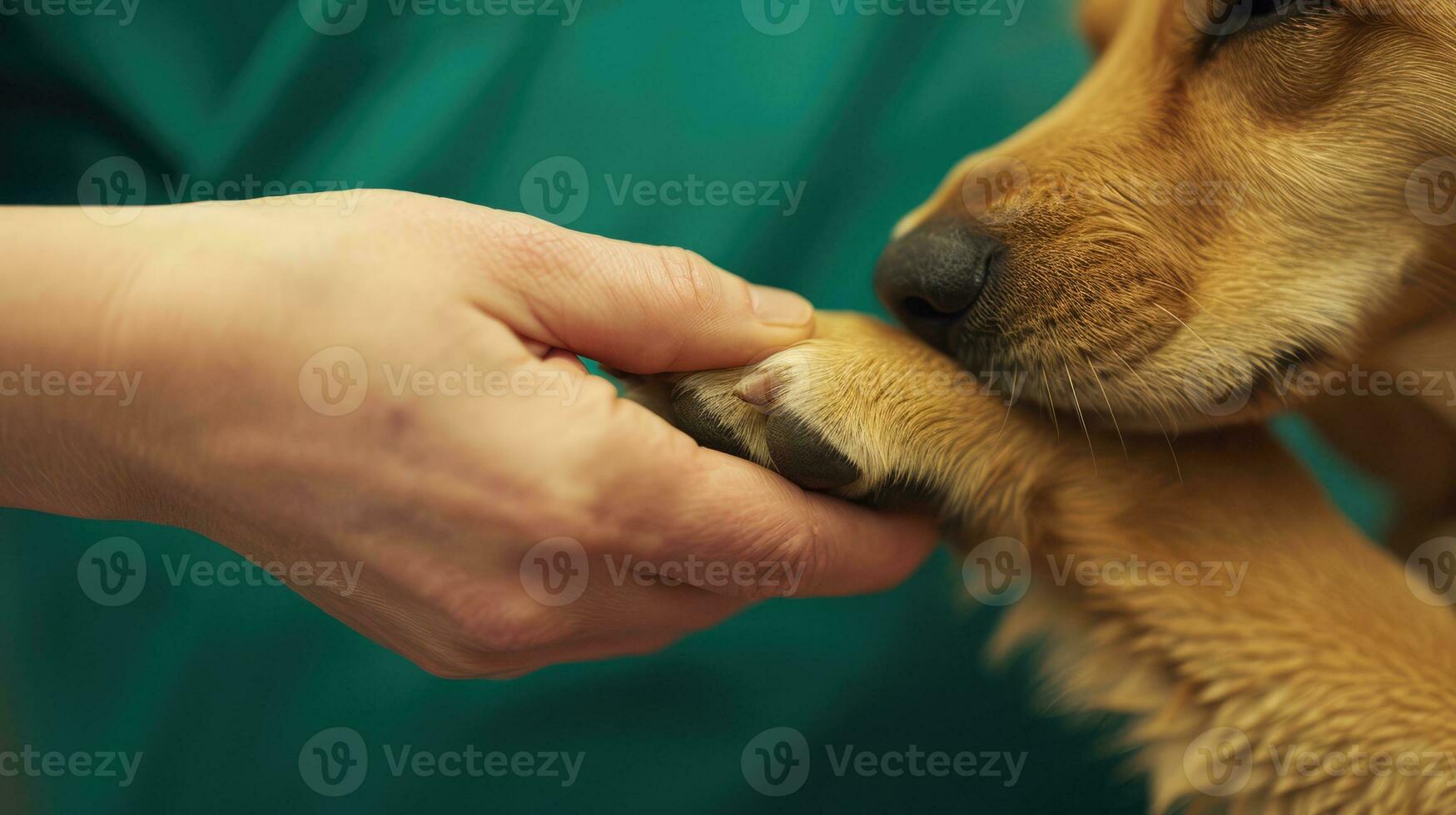 AI generated Generative AI, veterinarian hand is holding dog's claw. Dog's paw in human's hand. Domestic pet photo