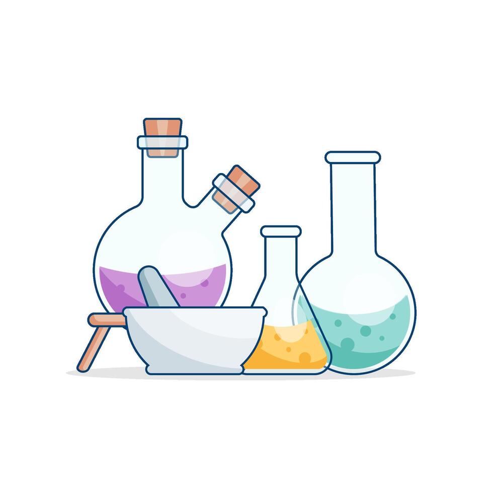 Round and flat-bottomed flasks, tubes with solutions and reagents. Laboratory glassware. Chemical reaction. Illustration on the topic of chemistry, biotechnology, biology. vector