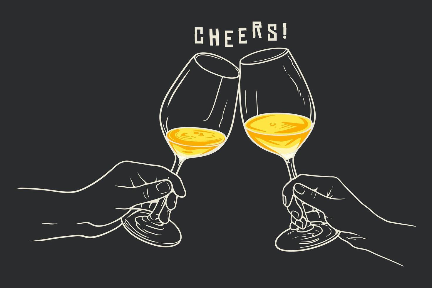 Illustration of two hands clinking glasses of white wine on black background vector
