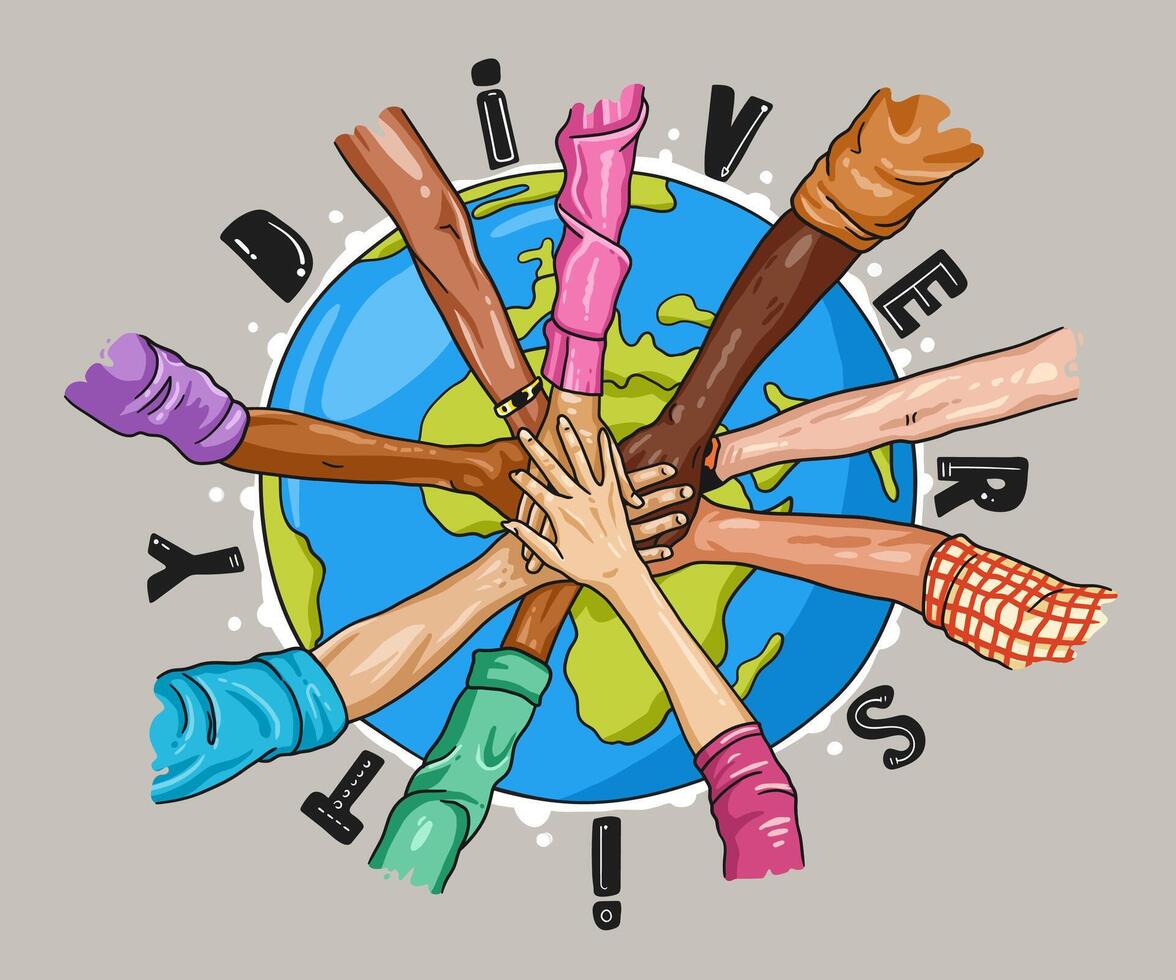 Vector illustration of hands of diverse people around the globe. Teamwork concept.
