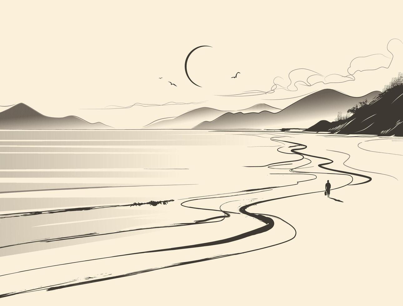 Black and white Illustration of a serene landscape. A winding path or stream leads to distant mountains, with a person visible on the path. vector