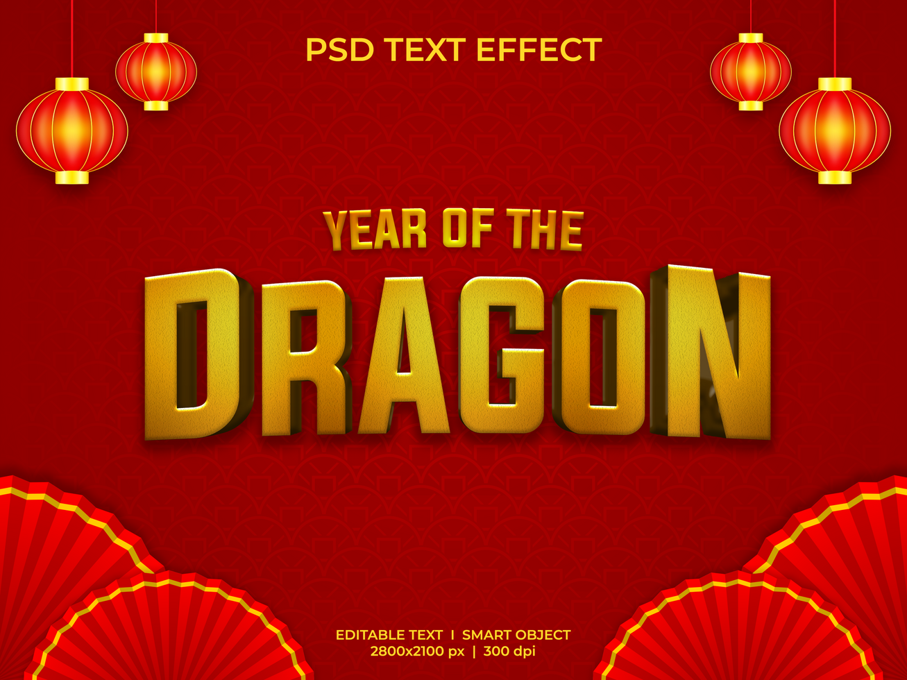 Year of the dragon text effect with asian decoration psd