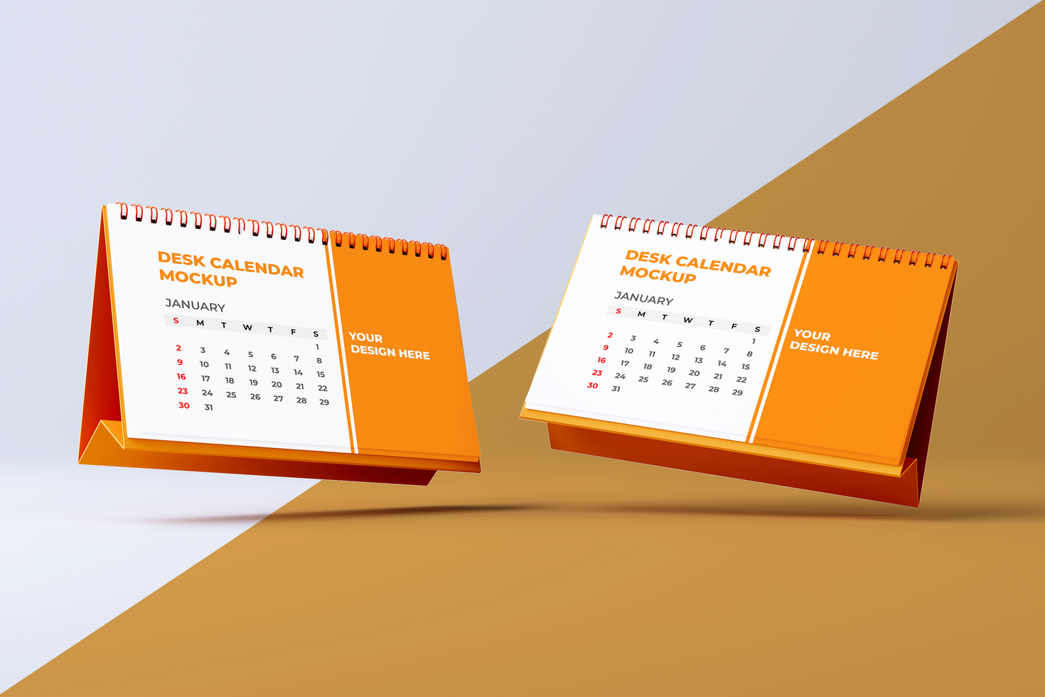 Two Floating Horizontal desk calendar mockup psd