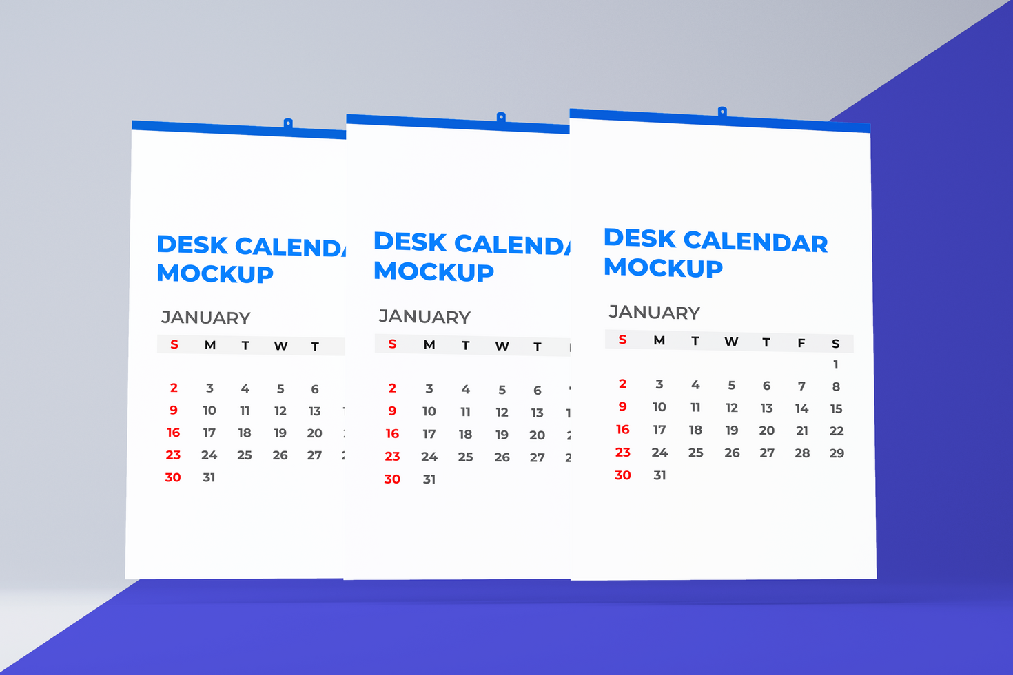 Three Floating Wall calendar mockup psd