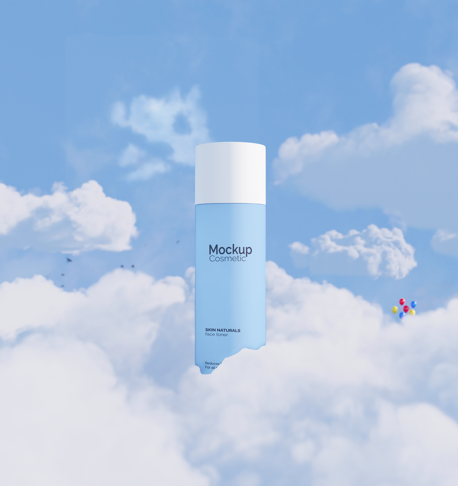 Cosmetic bottle above the clouds mockup psd