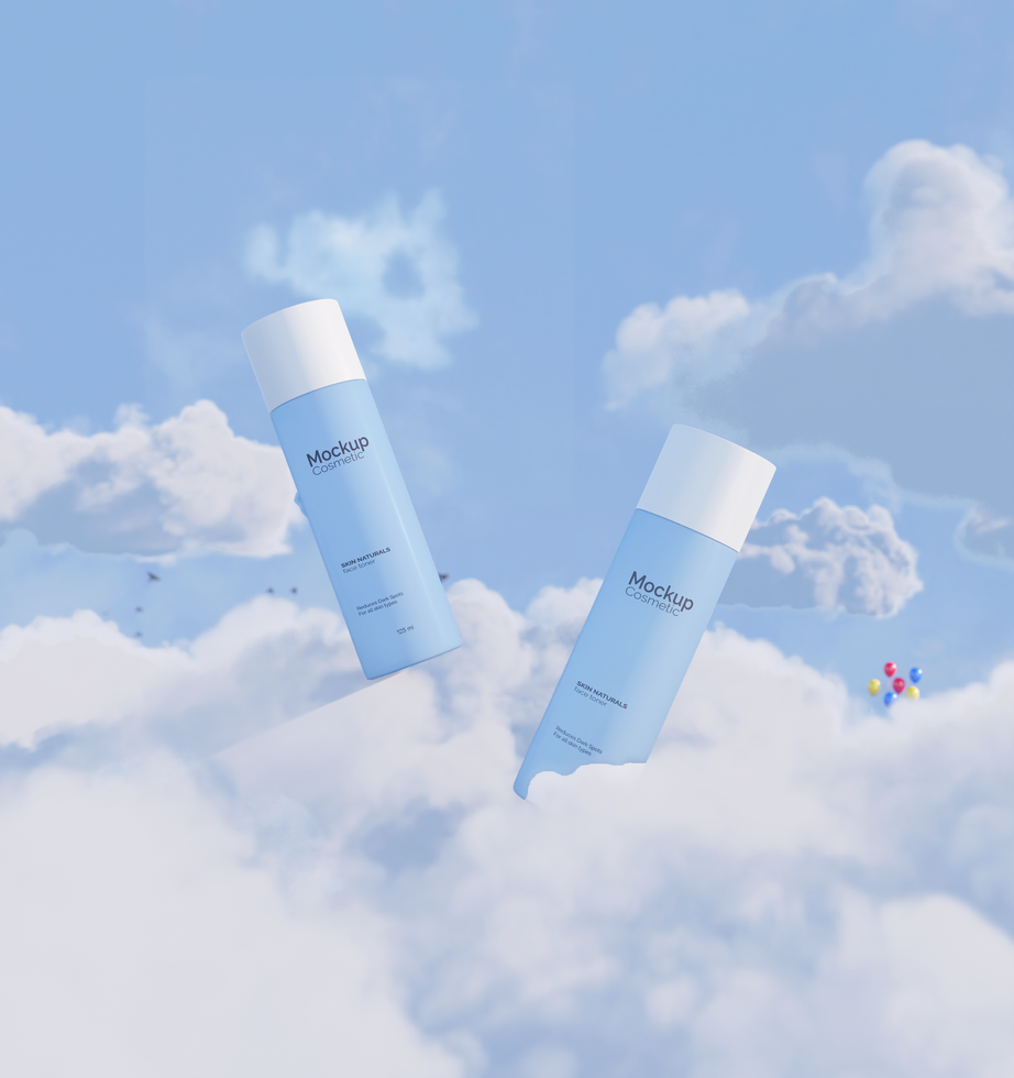 Cosmetic bottle above the clouds mockup psd