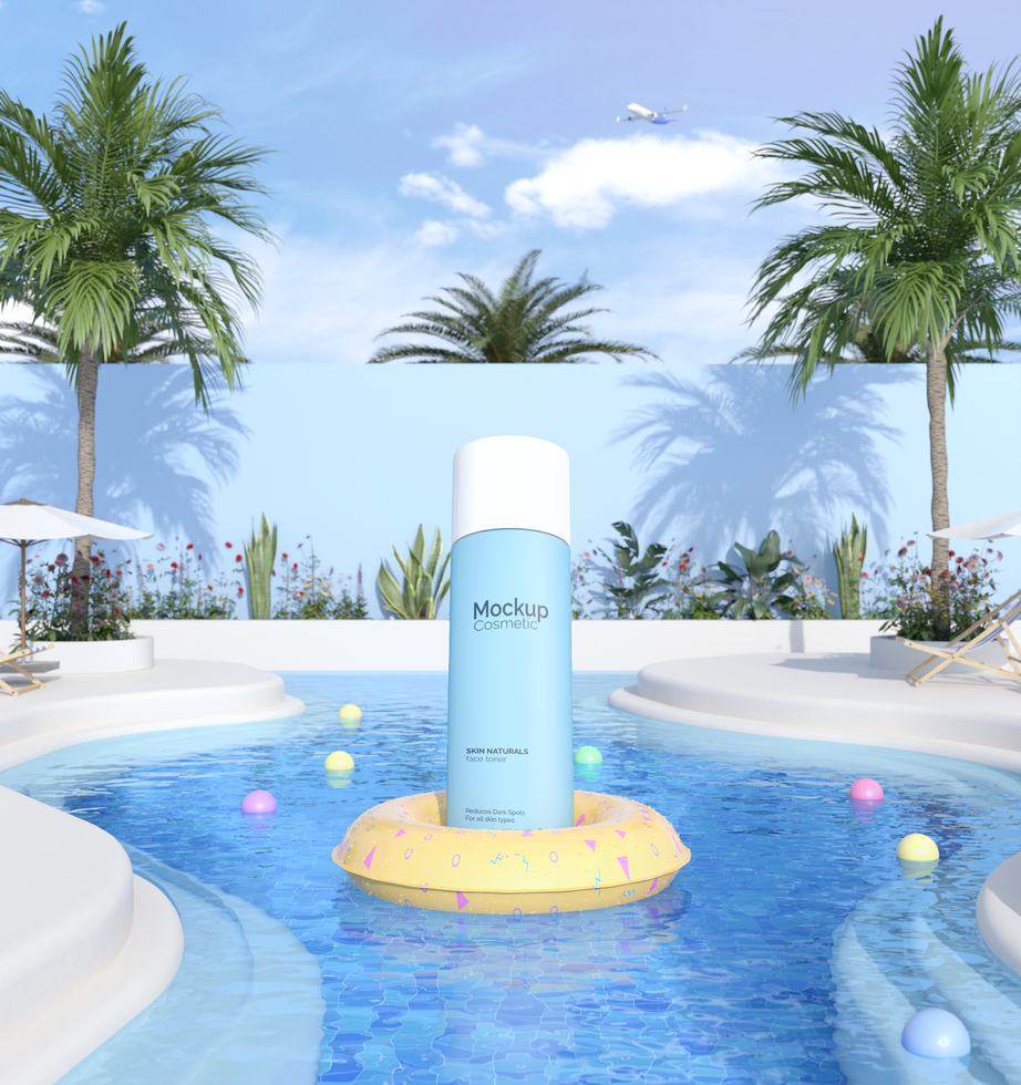 Cosmetic bottle on a float in the swimming pool mockup psd