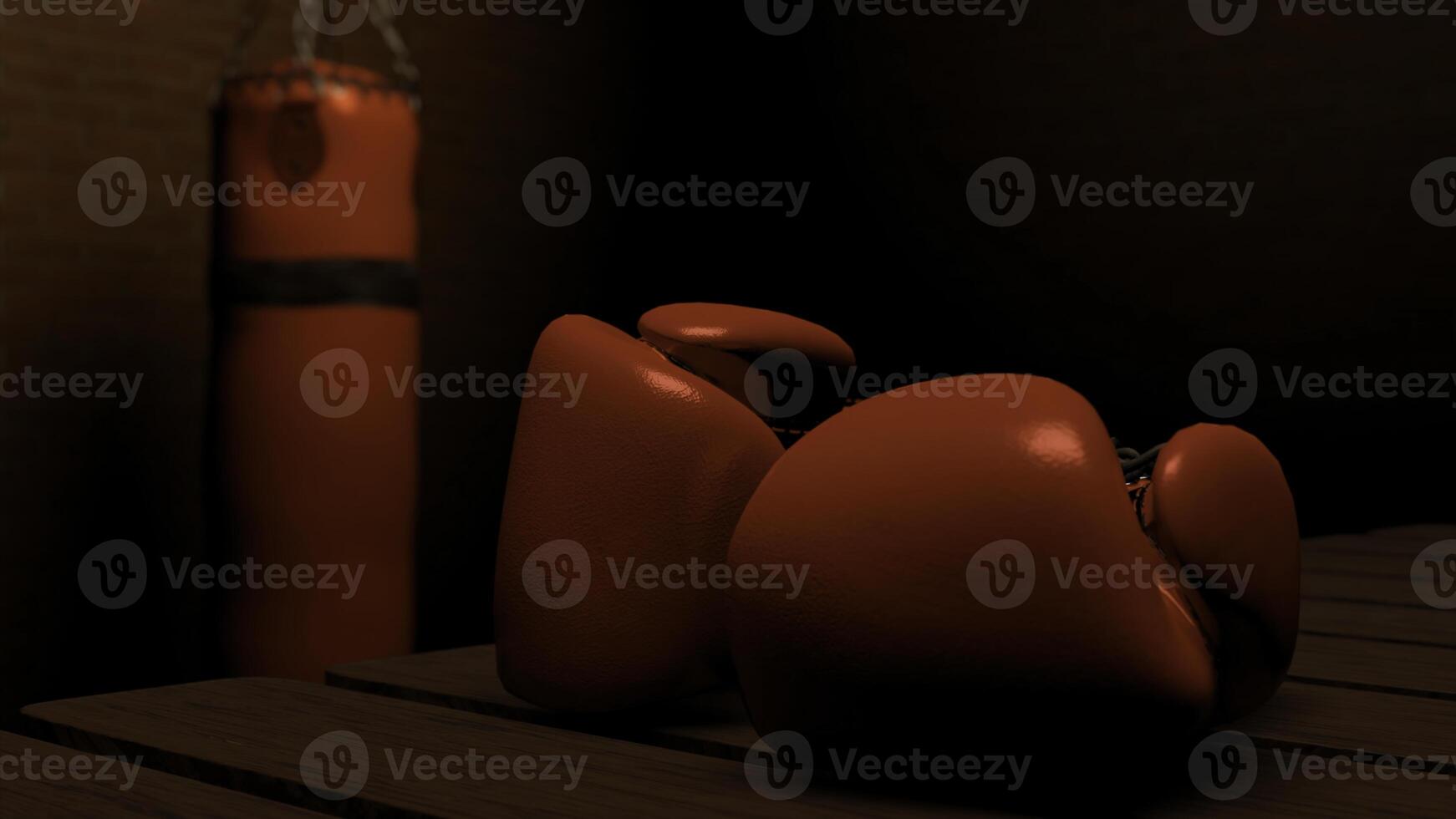 Abstract punching bag and boxing gloves in a dark room. Design. Concept of sport, dim red light in a room. photo