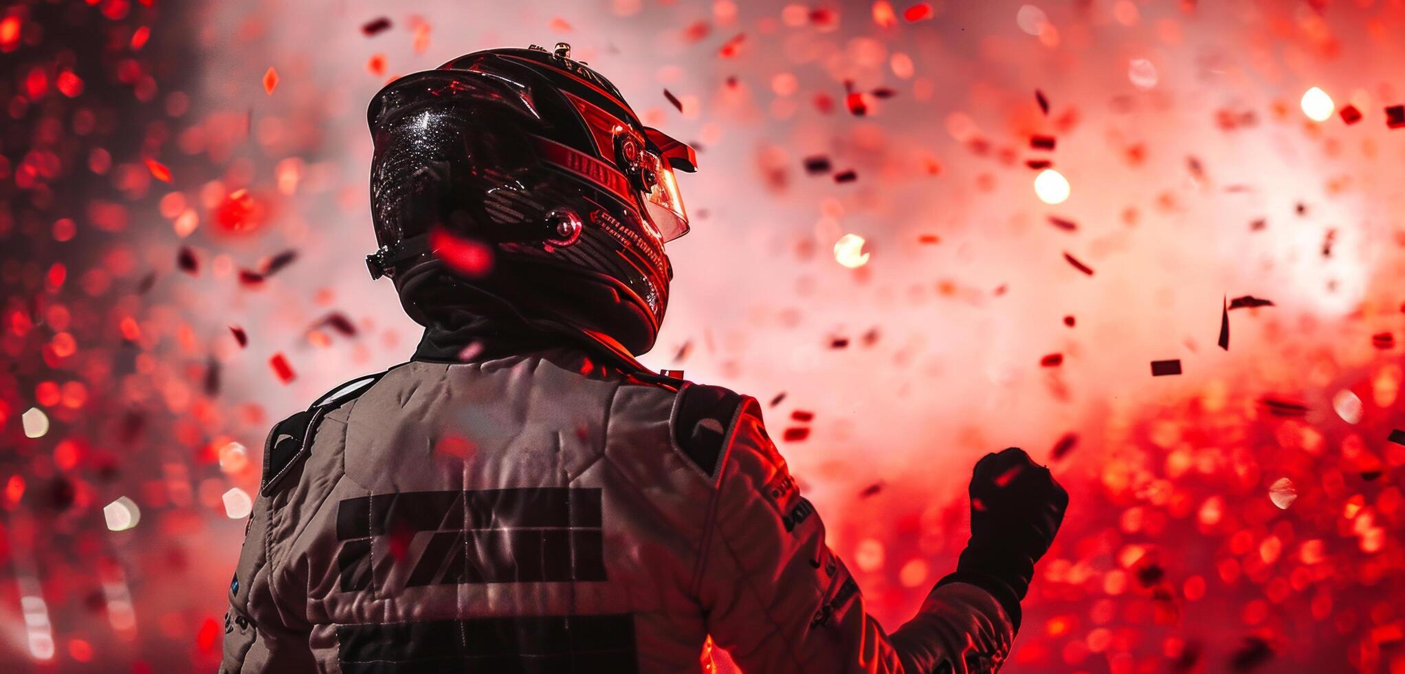 AI generated a race car driver celebrates confetti on a podium photo